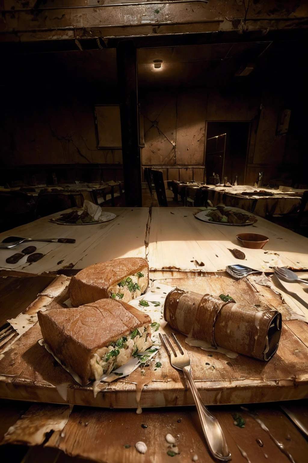 masterpiece, ((best quality:1.2)), wallpaper 8k, ((food in the table:2.0)), ((large food:1.2)) close up, ((post-apocalypse:1.3)), atmospheric lighting, moody, darkness, in an old abandoned restaurant, dusty