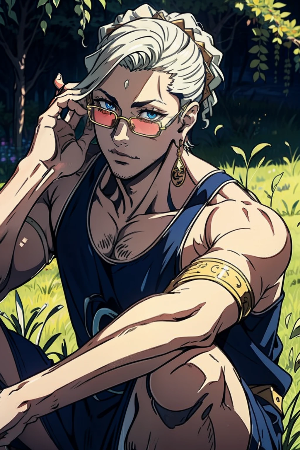 (masterpiece, best quality, ultra-detailed), 1boy, BudaRoR, white hair, blue eyes, earrings, glasses, looking at viewer, sitting, grass, trees