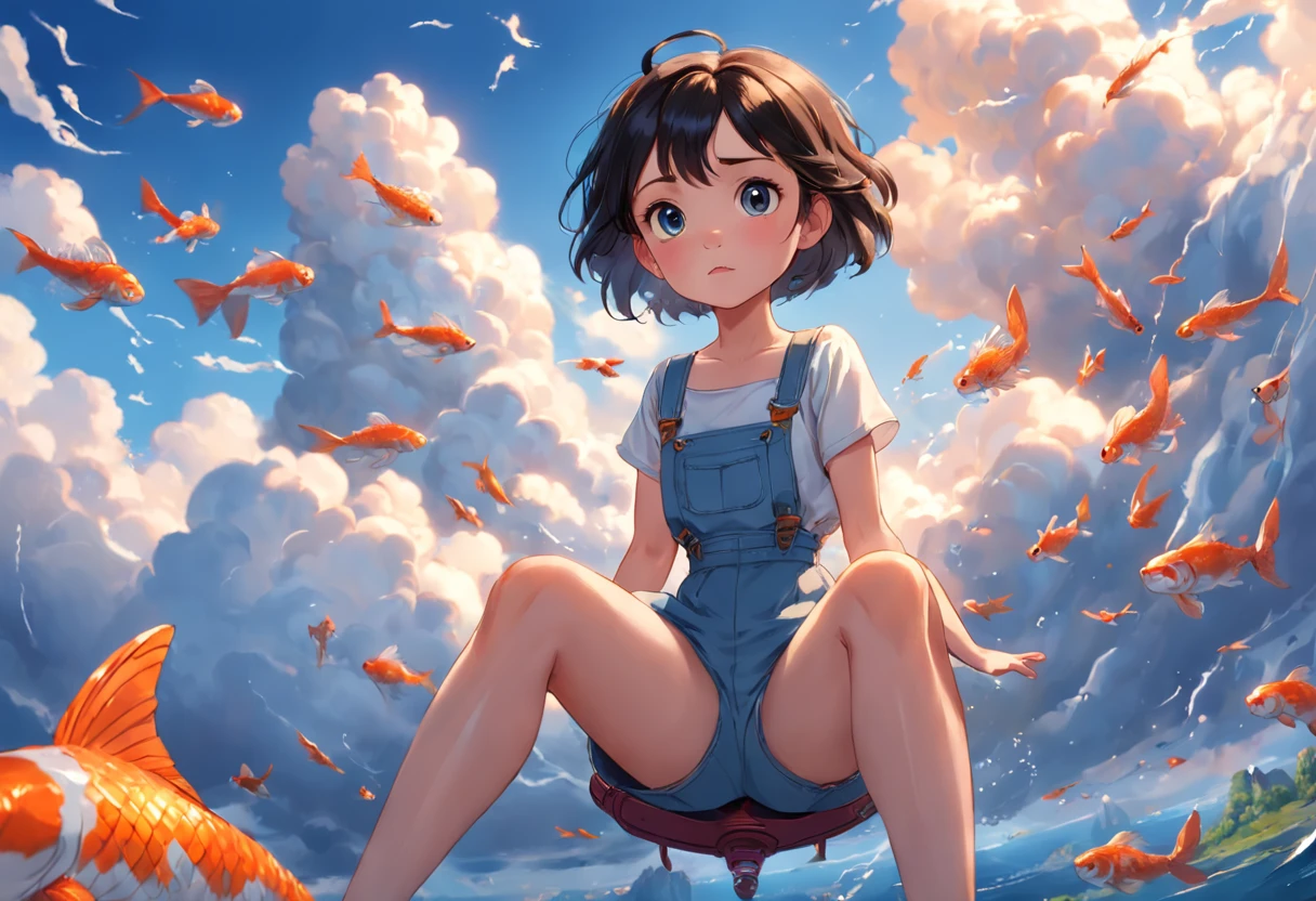 movie picture quality，Disney animation，Disney animated films，Little girl sitting on giant koi flying in the sky，Thick clouds，Short hair and small braids，Denim suspenders，The barefoot，depth of fields，high light，Real light，Ray traching，oc rendered，Hyper-realistic，best qualtiy，8K，Works of masters，super-fine，Detailed pubic hair，Correct anatomy，sharp focus on eyes，Bokeh，Facial features are carefully depicted