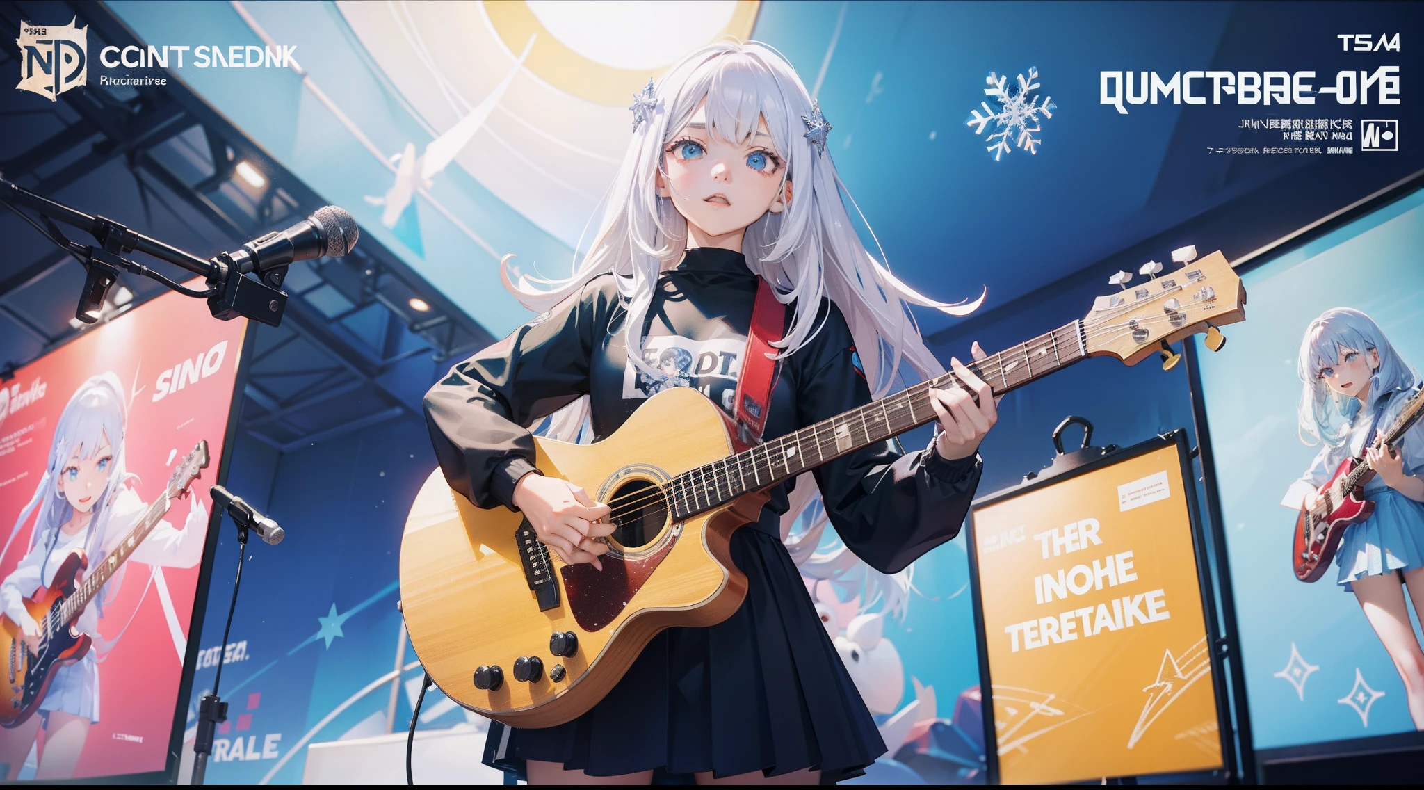 Comic-Con poster、quadratic element、s girl、(Snowflake background)、guitar、