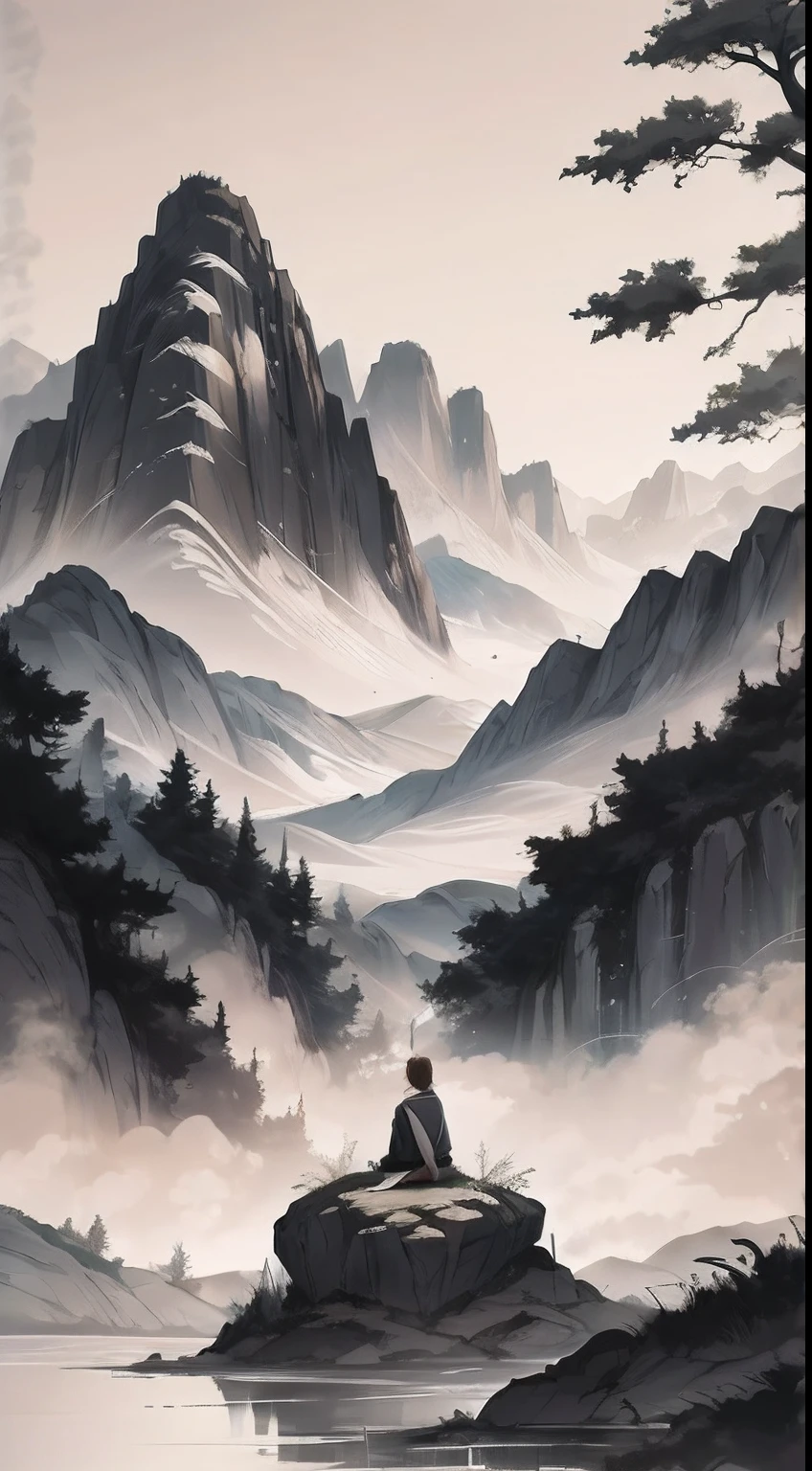 Anime art wallpaper of a man sitting on a valley rock, 8K HD quality full of anime landscapes, Beautiful 4K comic wallpaper, With a strong artistic atmosphere, The scene is vivid and delicate。