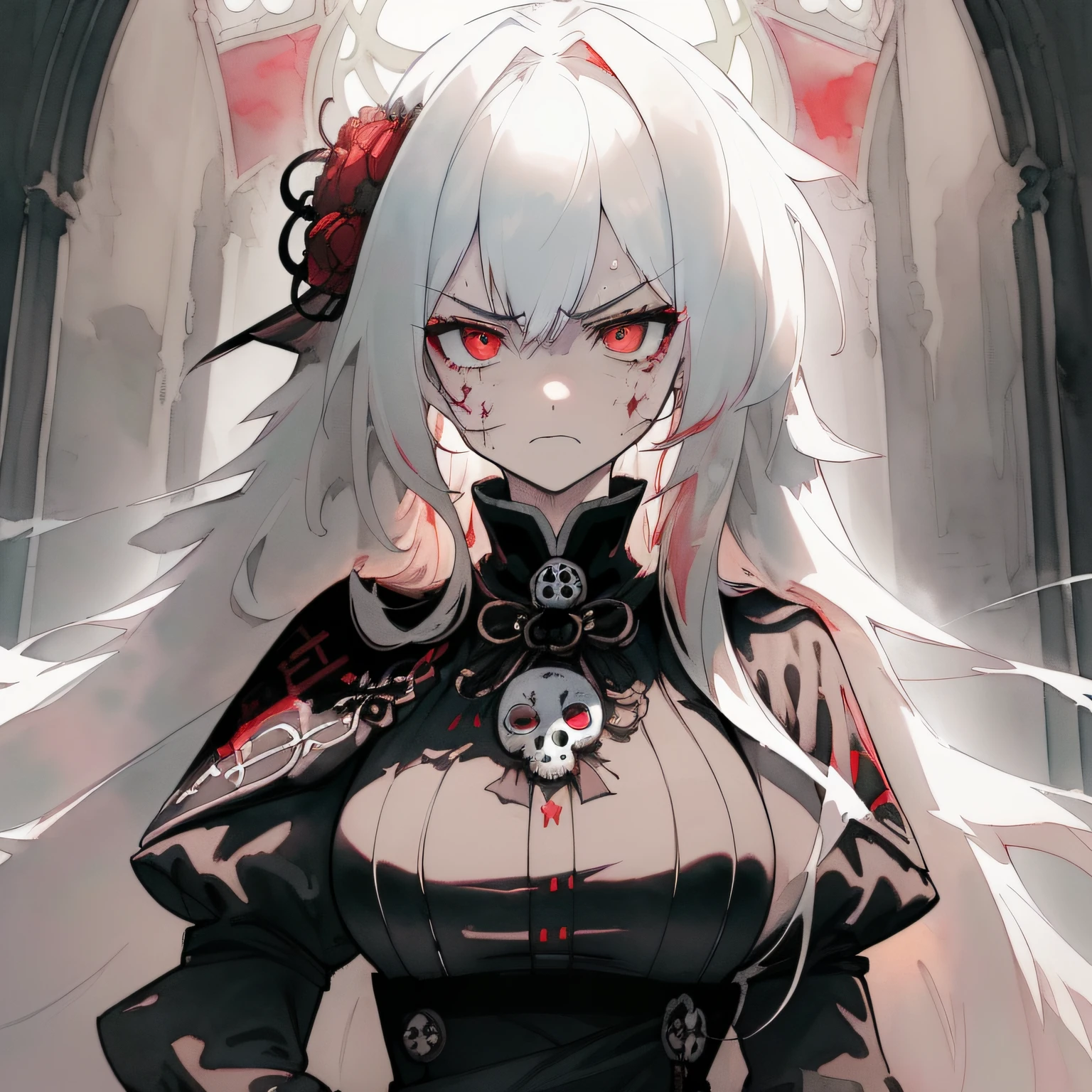 cinematic lighting, ((best quality)),((single_human_girl)),((((upper_body)))),((extremely_detailed_eyes_and_face)),((church)),((annoyed)),((ink)),((illustration)),depth of field,((frown)),((expression)),((red_eyes)),((((white_hair)))),((extremely detailed)),((watercolor)),((anime face)),(skull_on_dress),(((yokozuwari))),((detailed_skeleton_church)),(((beautiful_detailed_black_gothic_Empire_Waist_Dress))),(((dramatic_angle))),medium_breast,(8k_wallpaper),((bright_eyes)), (looking_at_viewers),((close_to_viewers)),((masterpiece)),(((((messy_long_hair))))),((((1girl)))),lens_flare,light_leaks