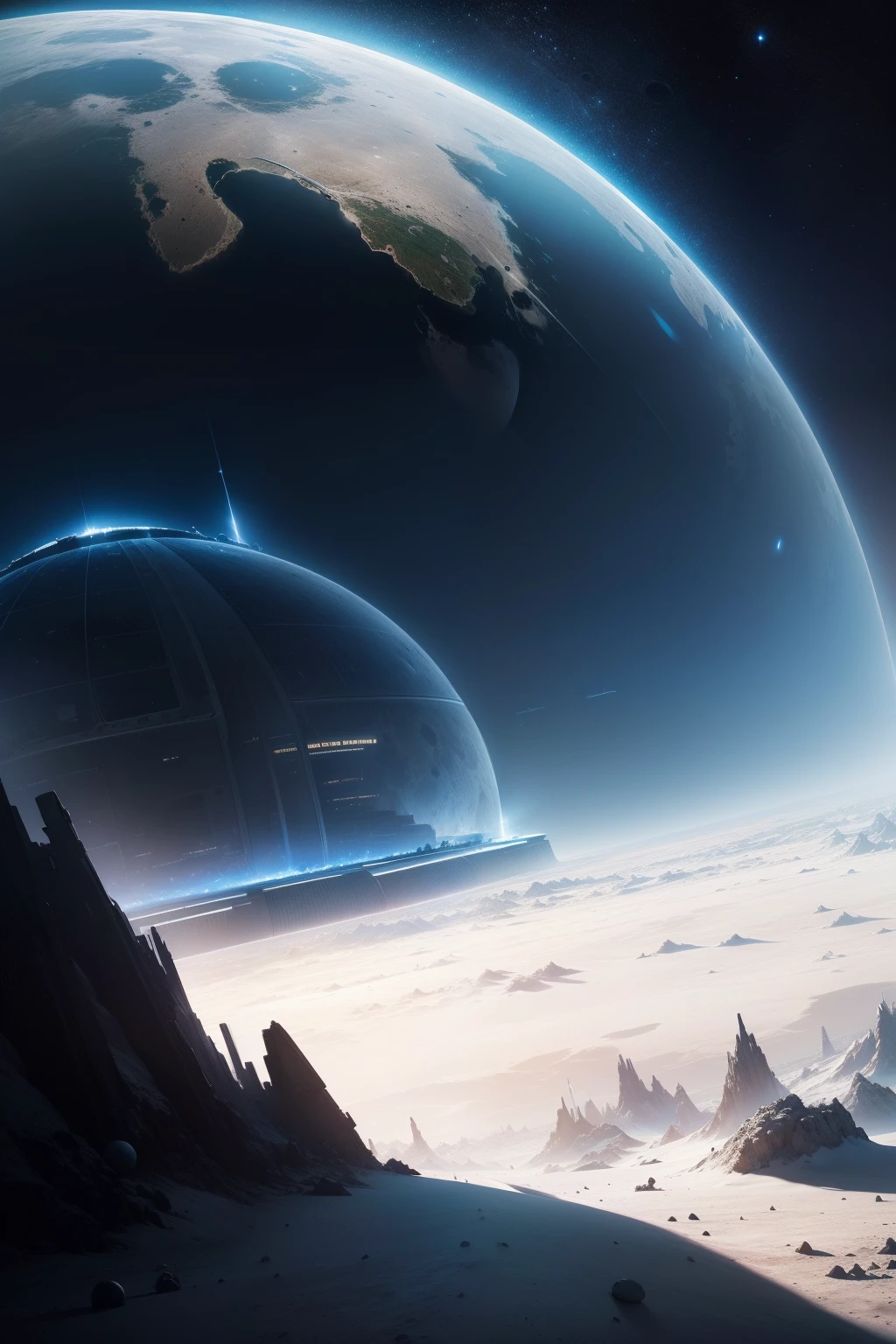 On the lunar surface, there exists an advanced space base from Earth. In the backdrop, a futuristic city is constructed within transparent domes, allowing a view of the blue Earth.