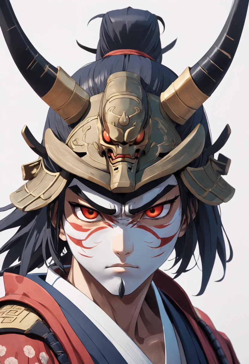 (((Front view))) Samurai head on white background, low poly, retro aesthetic, Character focus, 4 d cinema, 4K 分辨率, Complementary natural tones, Traditional colors