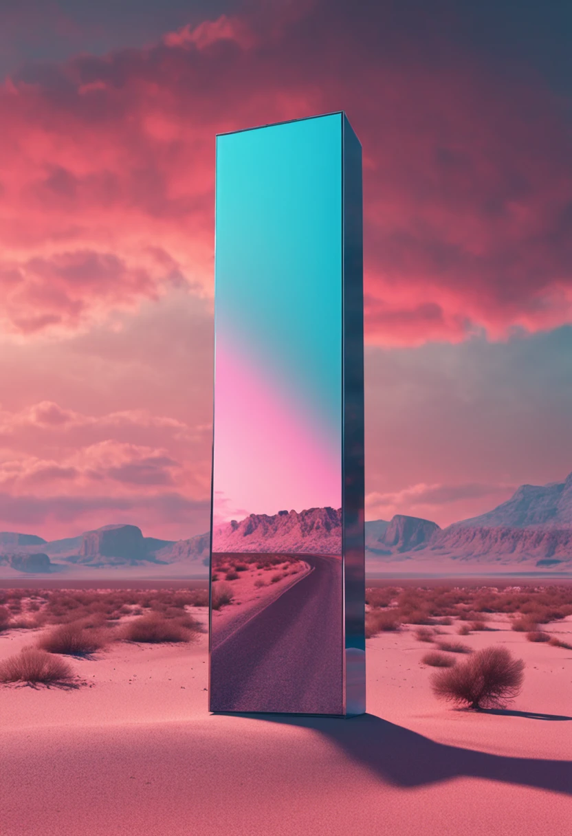 a mirror monolith standing in the desert, light blue and pink sky, surreal, digital art, photorealistic