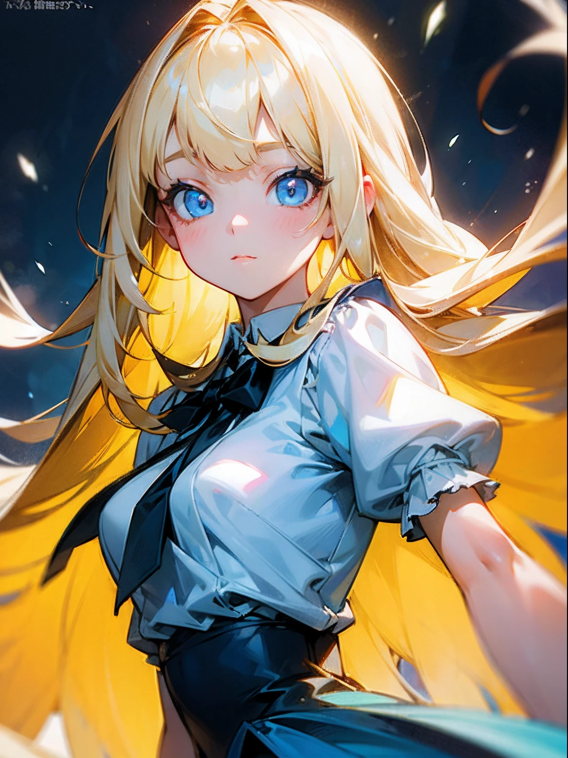 focus on face, blond girl, night sky, cinematic lights, only face, blue eyes, black clothes, very close face on camera, cute girl, clouds, cinematic photo