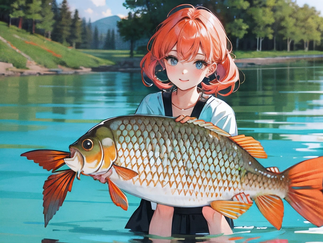 Cute girl holding a cute carp