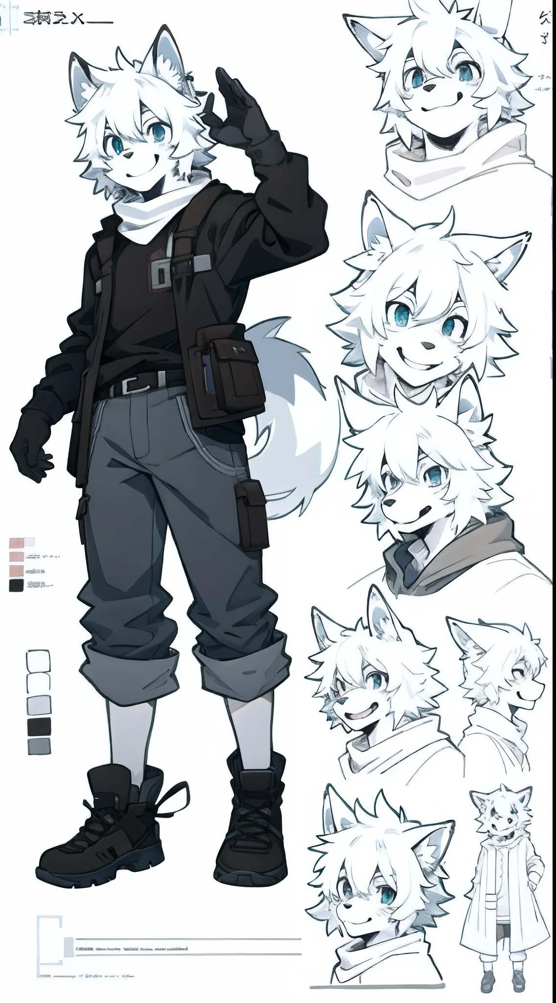 highres, top quality, best quality, paid reward available, High-quality illustrations, unparalleled masterpiece, perfect artwork, absurdres, perfect anatomy, standing kemono boy, three view drawing, front and side and back, character sheet, character design Werewolf, anime character, smile, joyful, play with, smile, happy, facial expressions, Detailed description of character, text, Collection of setting materials,