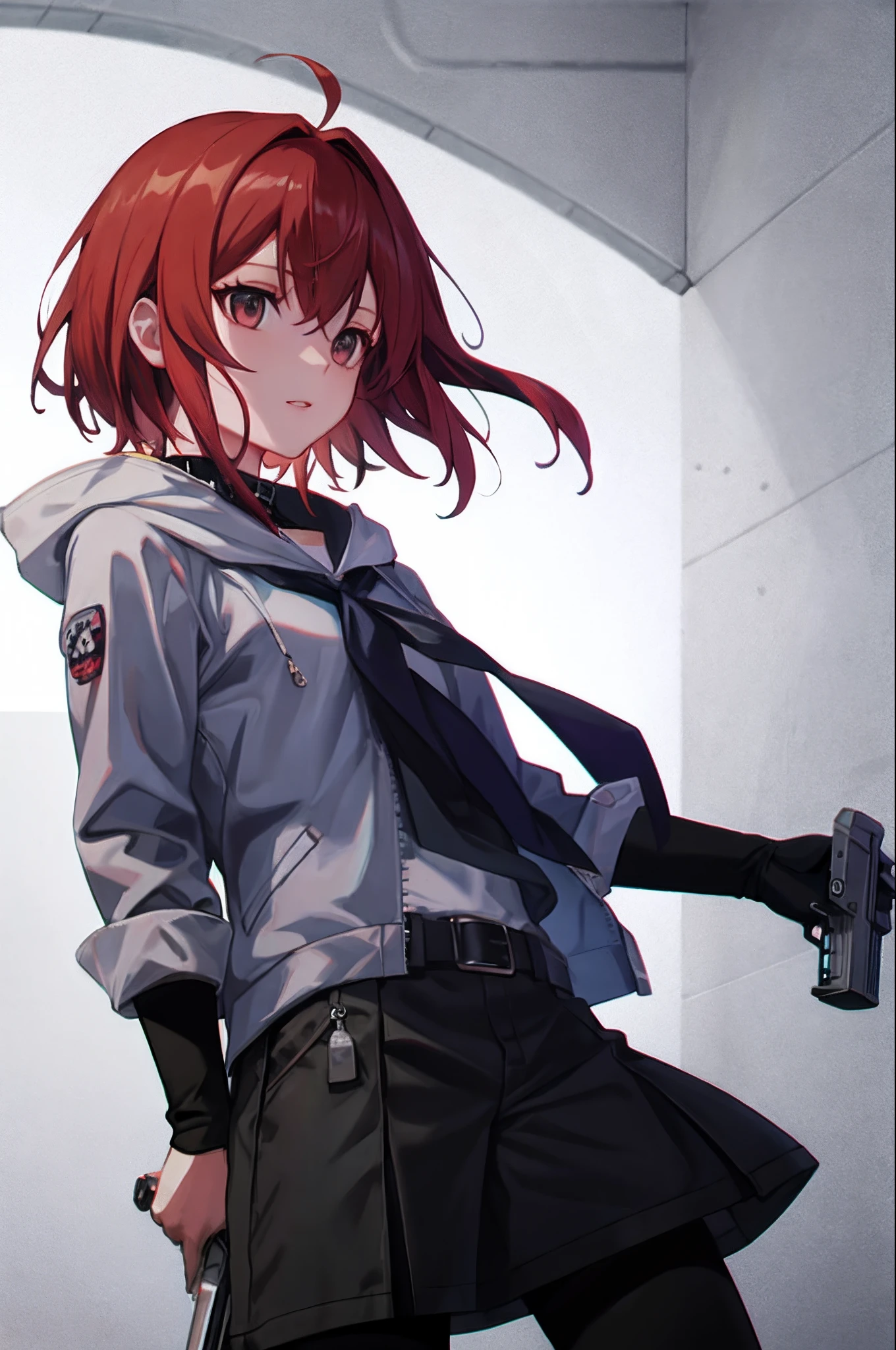 Redhair black clothes anime ***********，holding a gun in her hand