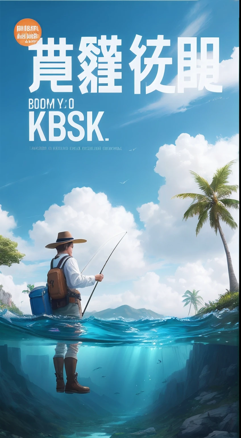 There is a poster,above, A man who fishes in the water, 8K -- height 768, Detailed scenery —width 672, - h 8 5 0 - w 6 0 0, trending on cgstation, 36864k film, by Ni Yuanlu, promotional poster, 8 a.m, poster for, cushart, 8K!