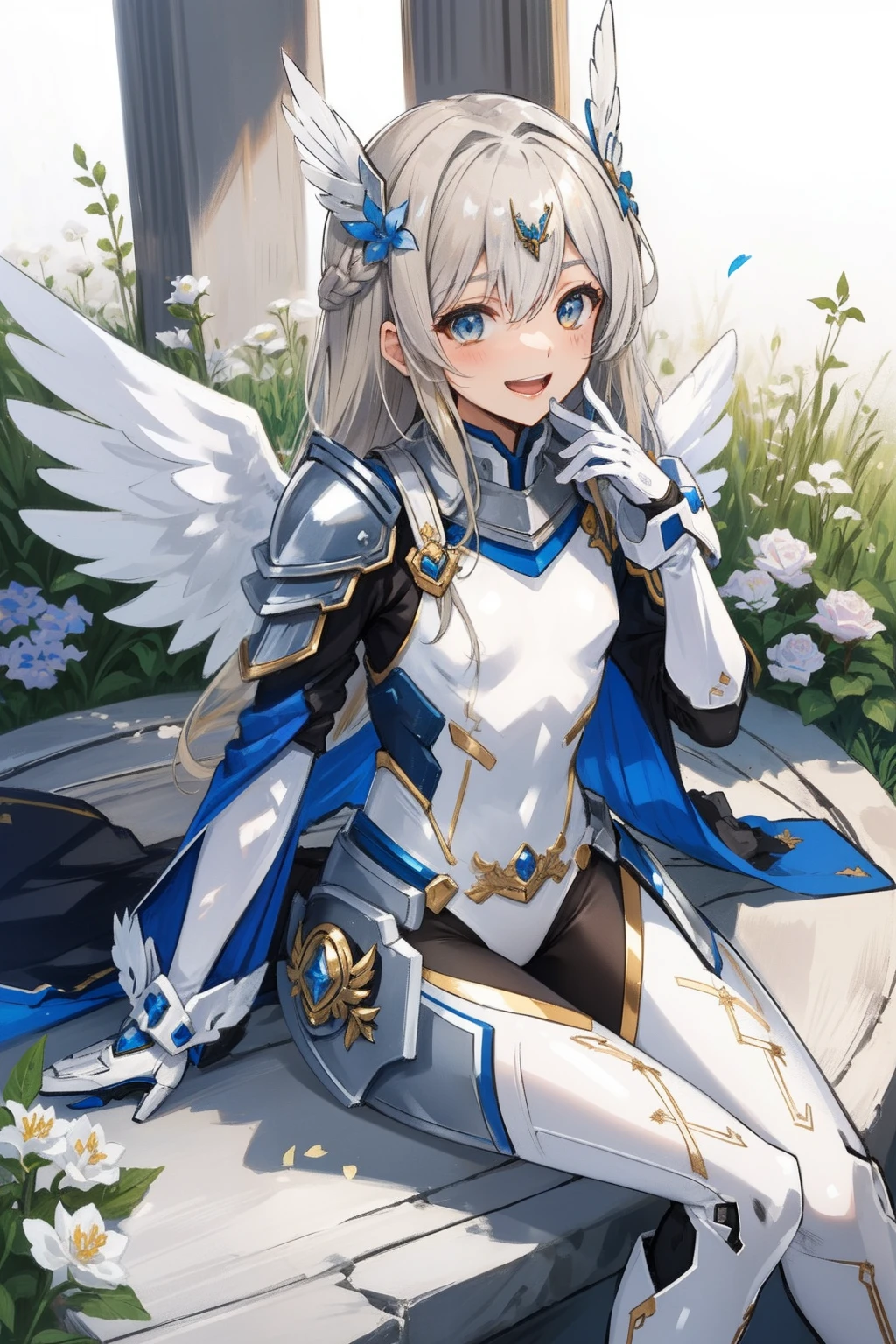 (​master piece, Best Quality),  Intricate details, valkyrie, (((laugh))), Hand up, Looking at Viewer, Feather Headgear, Flower meadow, (((flat breast))) sitting, 22yo, 
1 girl in, Solo, Portrait, ash Blonde Hair, drooping  eyes, Single Thigh, silver Independent Single Sleeve, gloves, 
 mecha musume, white bodysuit, silver Reinforced Suit, Mini Feather Wings, pantyhose, silver full armor, flower decoration,