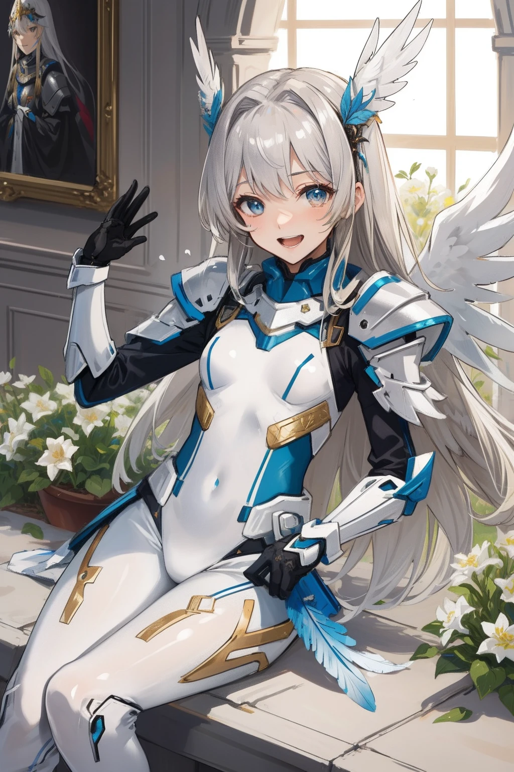 (​master piece, Best Quality),  Intricate details, valkyrie, (((laugh))), Hand up, Looking at Viewer, Feather Headgear, Flower meadow, (((flat breast))) sitting, 22yo, 
1 girl in, Solo, Portrait, ash Blonde Hair, drooping  eyes, Single Thigh, silver Independent Single Sleeve, gloves, 
 mecha musume, white bodysuit, silver Reinforced Suit, Mini Feather Wings, pantyhose, silver full armor, flower decoration,