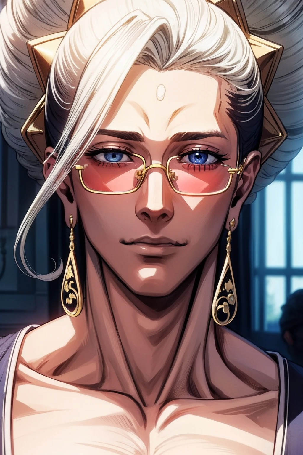 (masterpiece, best quality, ultra-detailed), 1boy, BudaRoR, white hair, blue eyes, earrings, glasses, looking at viewer, (upper body)