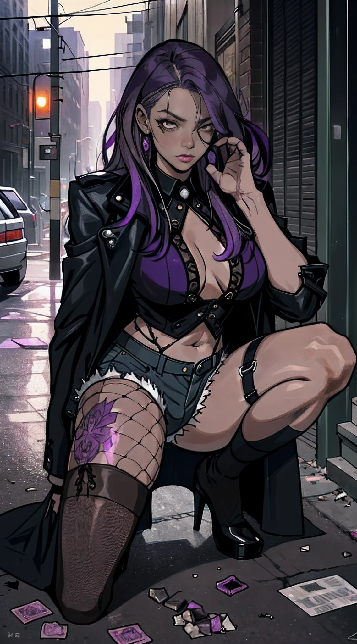 （Best quality at best，tmasterpiece），1girll，Purple colored hair（emo girl，a puncture：1.3），fishnets stockings，Ultra shorts，Belly exposure，There are complex tattoos on the lower abdomen，long whitr hair，the night，street corner，Exposed long-sleeved thick coat，Slim figure，Slim figure，the night，a darkness street，Garbage all over the ground，Condoms that are used in large quantities，Lots of damaged sex toys，No man's street，Dirty streets，Bust，Fine eyes，Super detailed face，Bust，Standing or sitting or squatting or lying down or standing