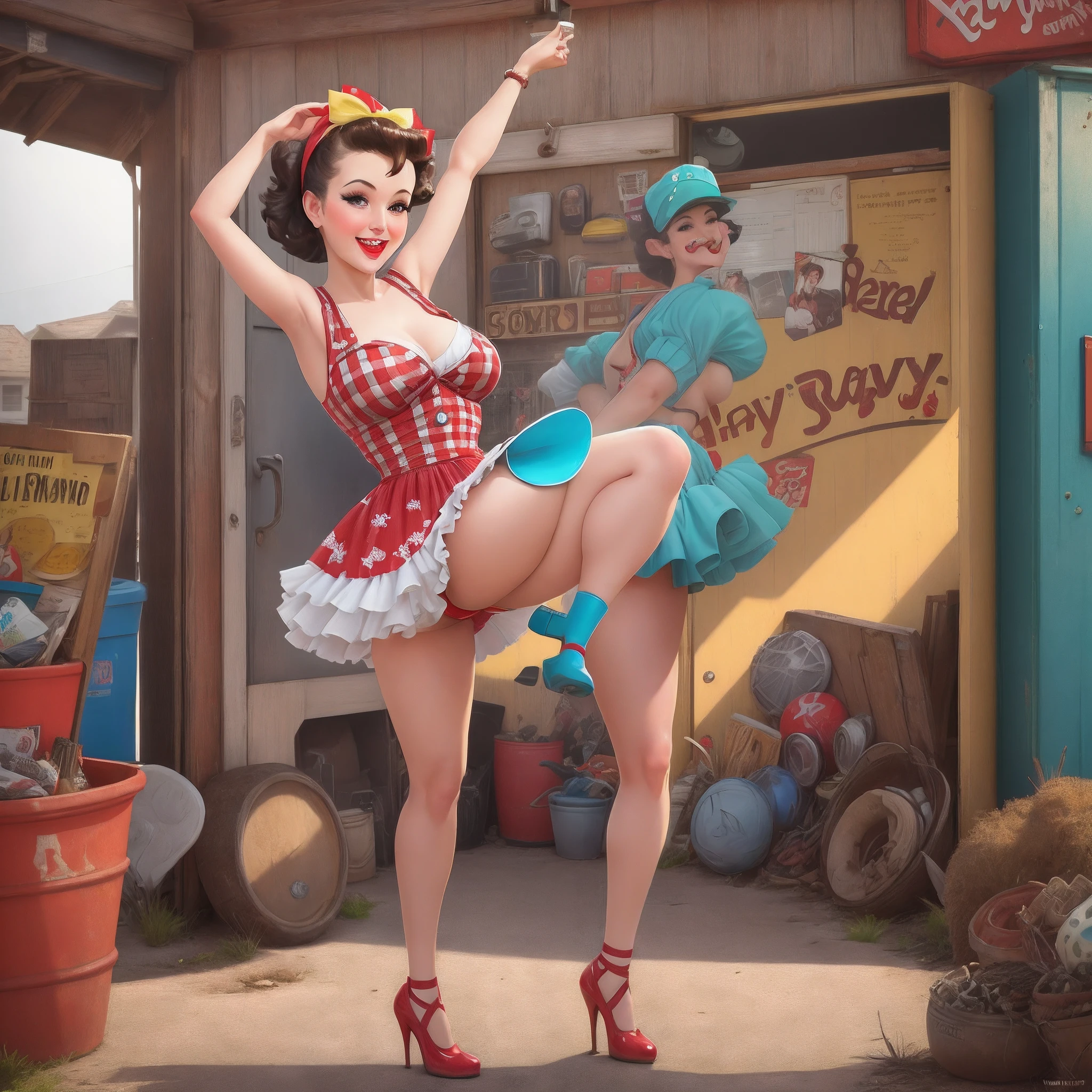 Pin-up dancing from the sidevof a junk box
