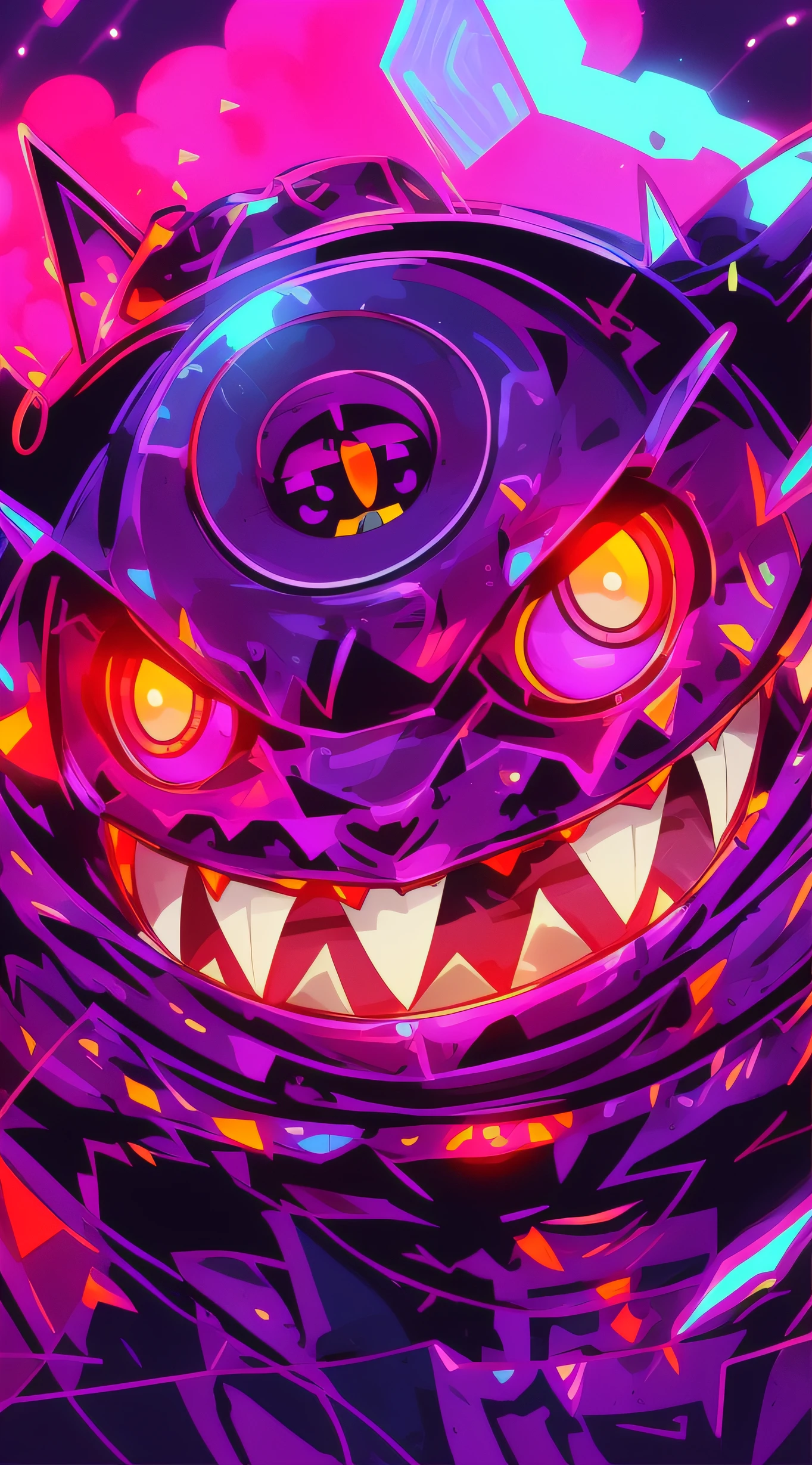 Close-up of a cartoon cat with glowing eyes, gengar, Vibrant fan art, profile picture 1024px, Official artwork, synthwave art style ]!!, rossdraws cartoon vibrant, evil smile and glowing eyes, cheshire cat, [ synthwave art style ]!! ]!!, epic art style, [ synthwave art style ]!!