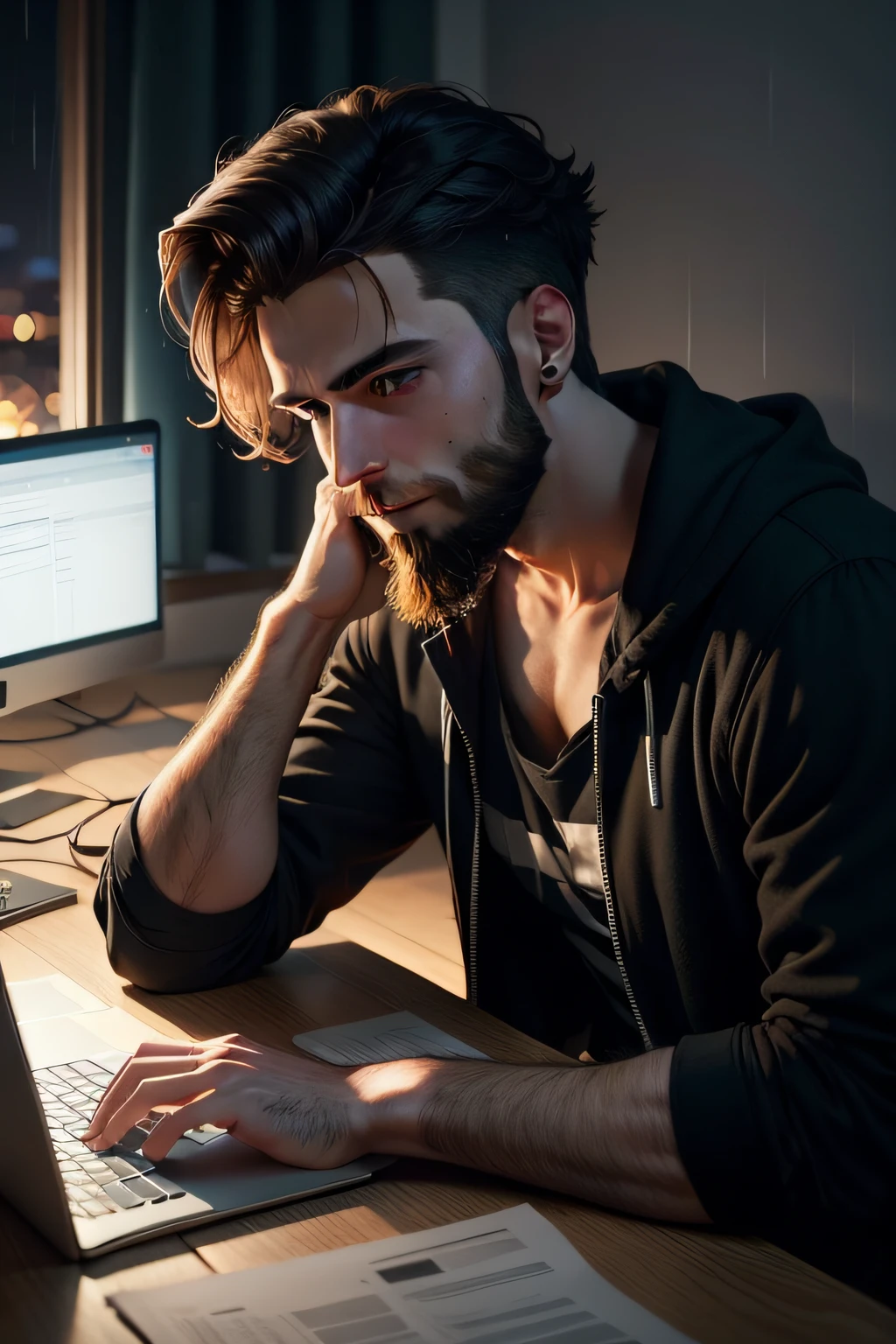 a 23 year old boy with beard is doing software testing while in night and rain & lighting