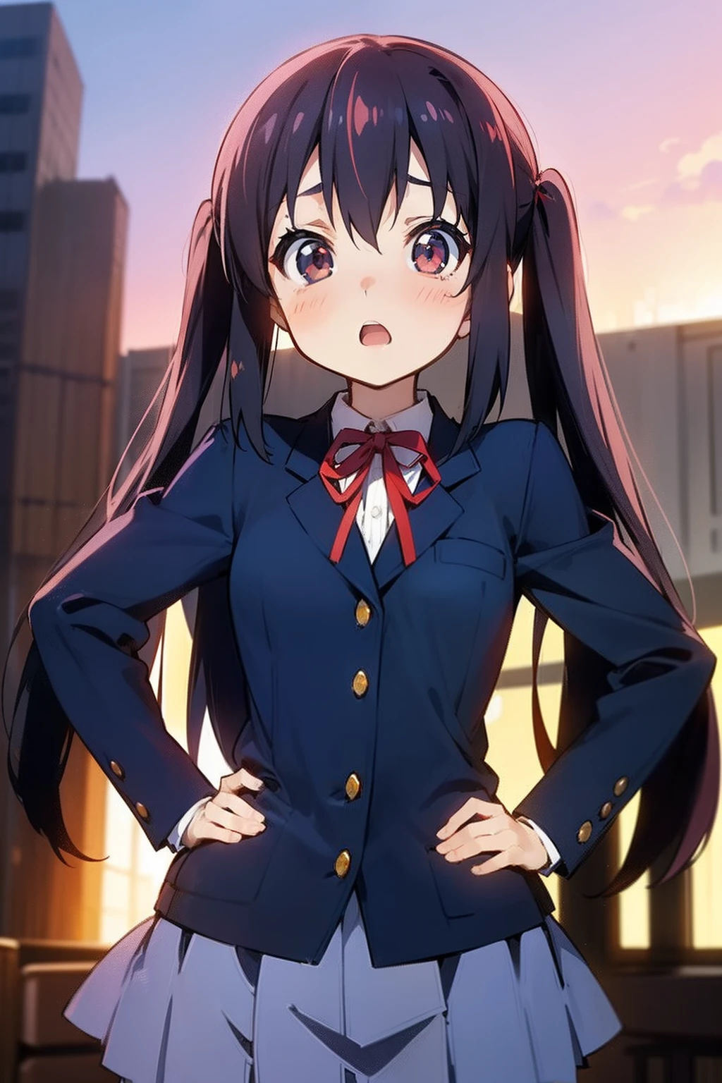 Anime girl in uniform standing in front of a city skyline - SeaArt AI