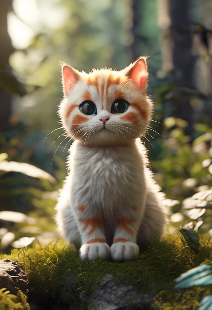 **[cutecore, tinycore, naturecore] tiny cute cat, forest, playing, looks enjoy, pixar style eyes
