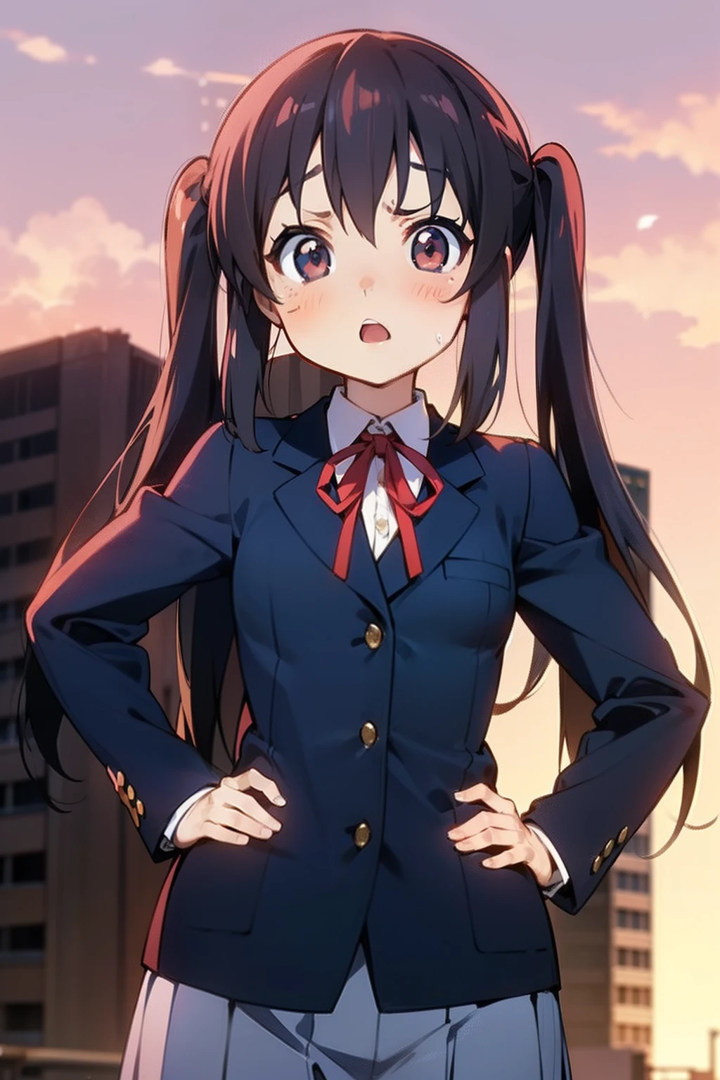 1girl, (((masterpiece))), highest quality, best quality, high detail, nakano azusa, 1girl, sakuragaoka high school uniform, school uniform, twintails, long hair, black hair, brown eyes, solo, red , a navy blue blazer with red narrow ribbon, a solid white buttoned shirt under the blazer, illustration, cartoon, soothing tones, calm colors, soft cinematic light, adobe lightroom, photolab, hdr, intricate, highly detailed, ((((depth of field)))). (((takeout))).dynamic focus.((big breasts)).(((Skyscrapers))).(((A city scape))).(((Face of sadness))). open mouth.(((put hands on the hip))).(((up chest))).((evening glow)).((the setting sun)).