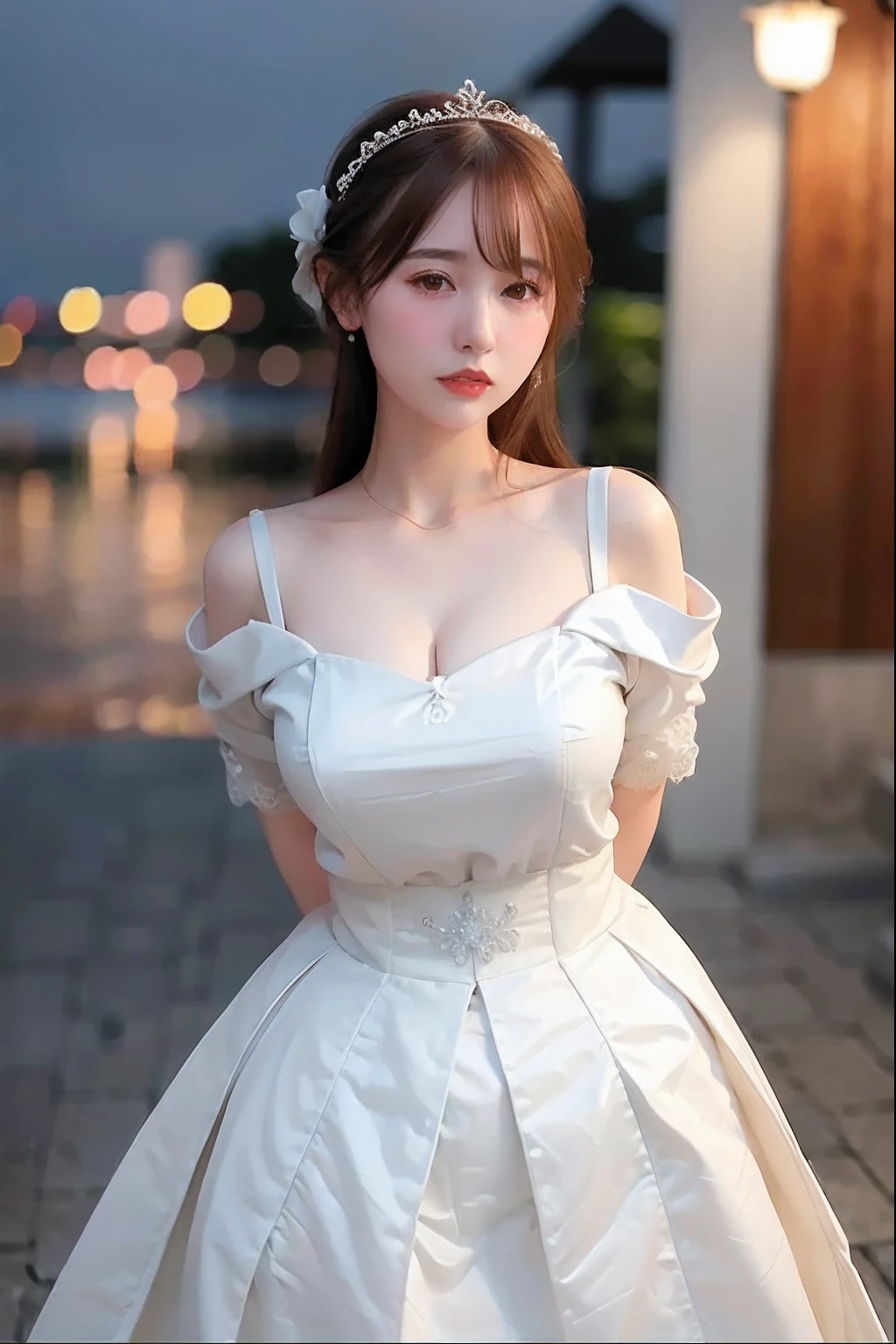 araffe woman in a white dress posing for a picture, White gown, White Hanfu, pale milky white porcelain skin, kaftan, white royal dress, Elegant dress, Middle metaverse, pale snow-white skin, soft elegant gown, cute elegant pose, smooth white tight clothes suit, white silky outfit, wearing long gown, elegant white dress