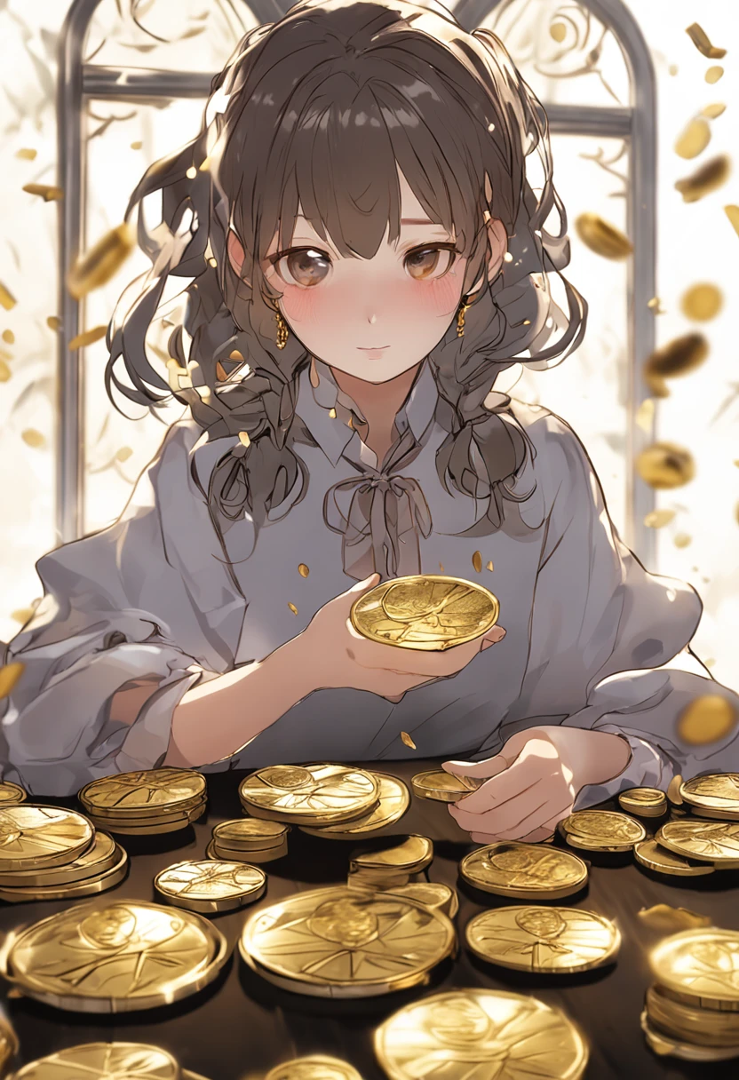 Anime girl holding a bowl of gold coins in her hand,super-fine，movie picture quality，Hyper-realistic，sharp focus on eyes，Facial features are carefully depicted