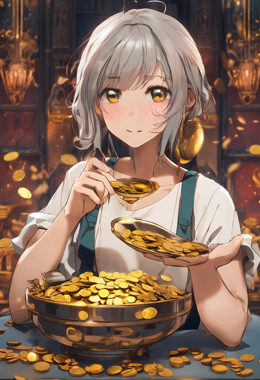 Anime girl holding a bowl of gold coins in her hand,super-fine,movie picture quality,Hyper-realistic,sharp focus on eyes,Facial features are carefully depicted