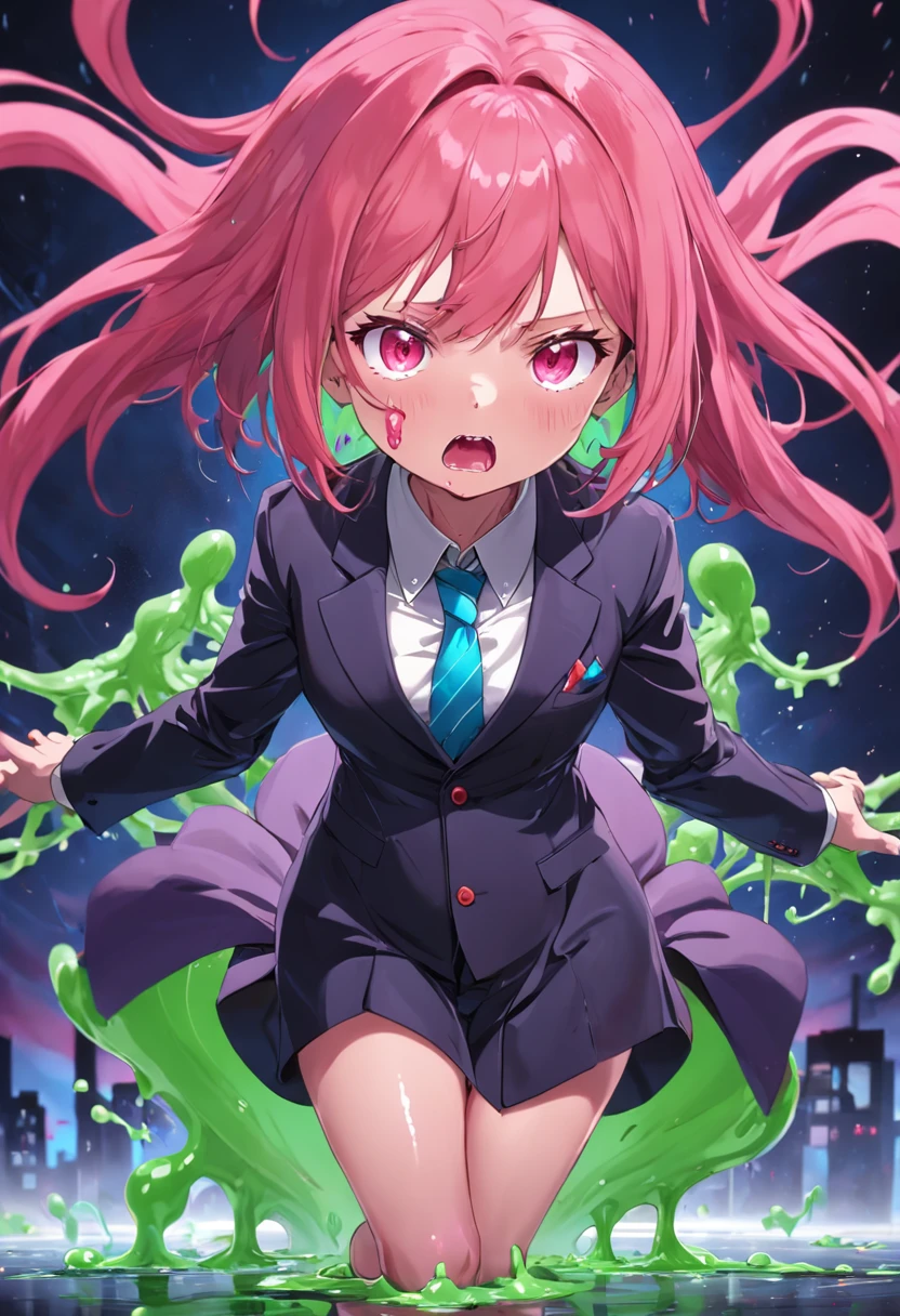 (slime girl, masculine face, short hair), {office background}, {{tie, shirt, slime business suit}}, horrified, {slime creature, pink slime, blue slime, red slime, slime girl, slime transformation},