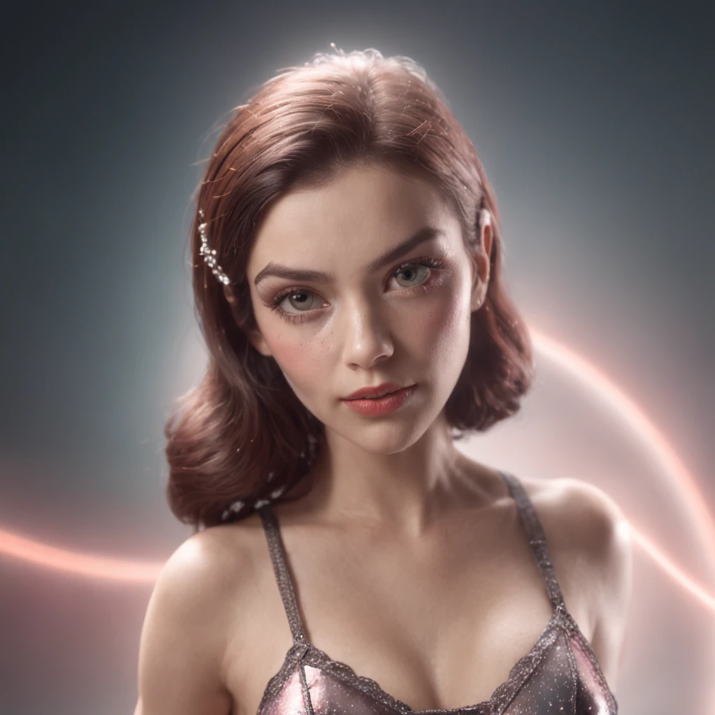Detailed and realistic representation of the spacegirl pin-up style, garota bonita caucasiana vestida com uma minissaia sem calcinha, top view, vista de baixo. Looking back, White and pink head with floating particles in the air, brilhando, butt in front of the camera, camera inclinada em 12 graus negativos, camera aberta mostrando o corpo todo, camera 70 mm cinematografica, com flair lens, vintage anos 50, vintage retro girl 50's, spacegirl.