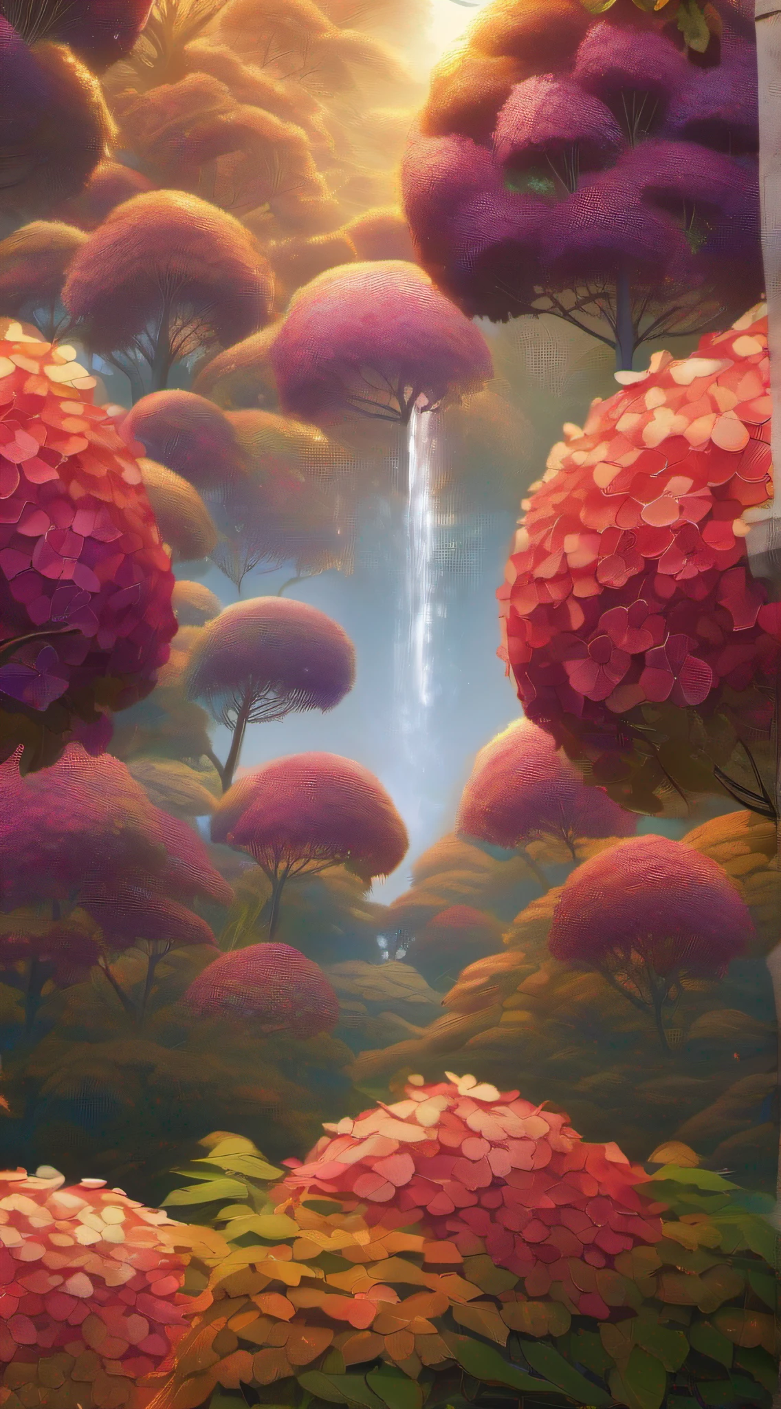 A huge hydrangea tree, (The trees are covered with hydrangeas:1.3), Close-up details that embody hope, fantasy, Vitality, and treatment. Shades of gold and red fill the sky, Give comfort and good luck. With 8K resolution and HD, The scene promises a message of beauty and good wishes.,jellyfishforest