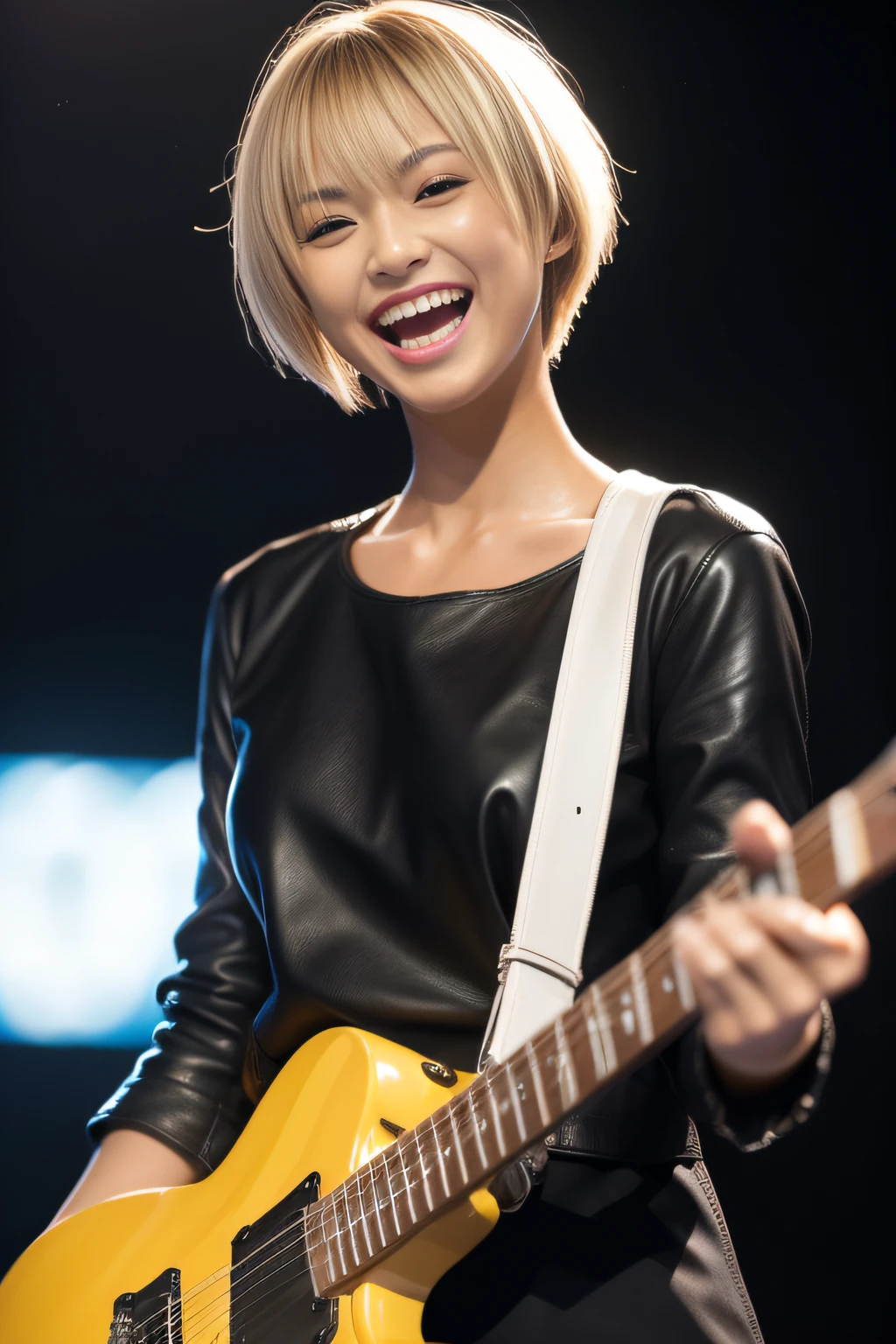 (masutepiece, top-quality:1.3), (Ultra detailed 8K cg:1.2), (hyper realisitic:1.35), (Photorealistic:1.45), (Realistic:1.4), 1 beautiful Japanese girl, 22 years old, (a blond:1.2), (Very short hair:1.2), (Tanned skin:1.5), Black Gal, flat chest, (gal make:1.3), (Looking at Viewer), Dynamic lighting, (Laugh:1.3), Cinematic Angle, leather jacket, (plays the electric guitar:1.2), on stage,