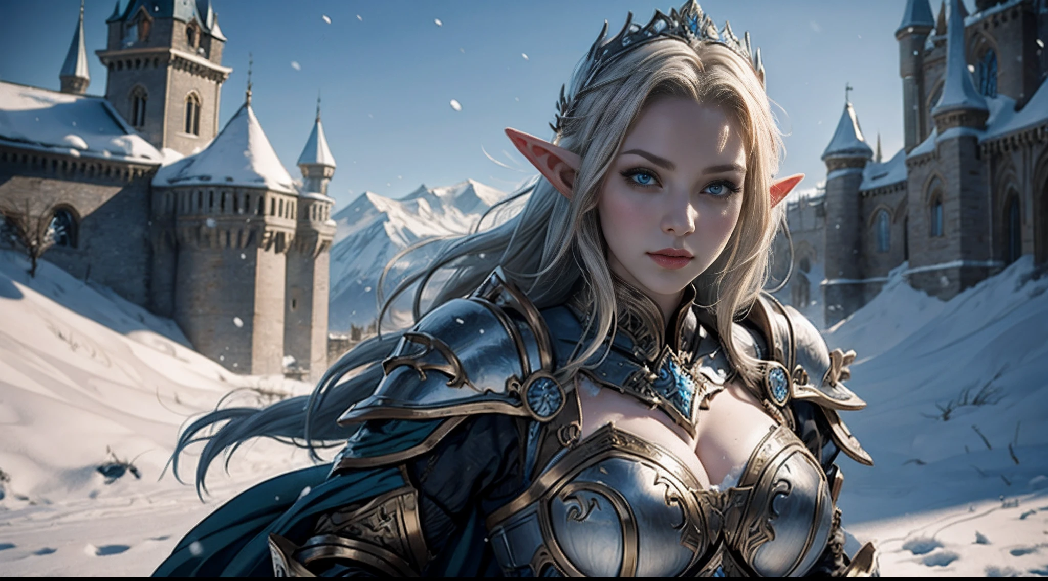 Female elf，Large breasts，Heavy armor，complex patterns，The background is the castle，snow cover，diadems，Mid-range portrait，big sword