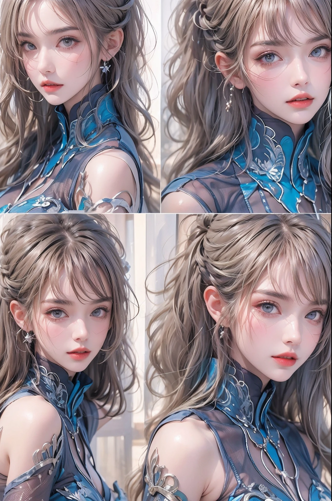 ((Masterpiece, Highest quality)), Detailed face, CharacterDesignSheet,full bodyesbian, Full of details, Multiple poses and expressions, Highly detailed, Depth, Many parts,beuaty girl,cinmatic lighting,with light glowing,blue colors,lacepantyhose,high-heels