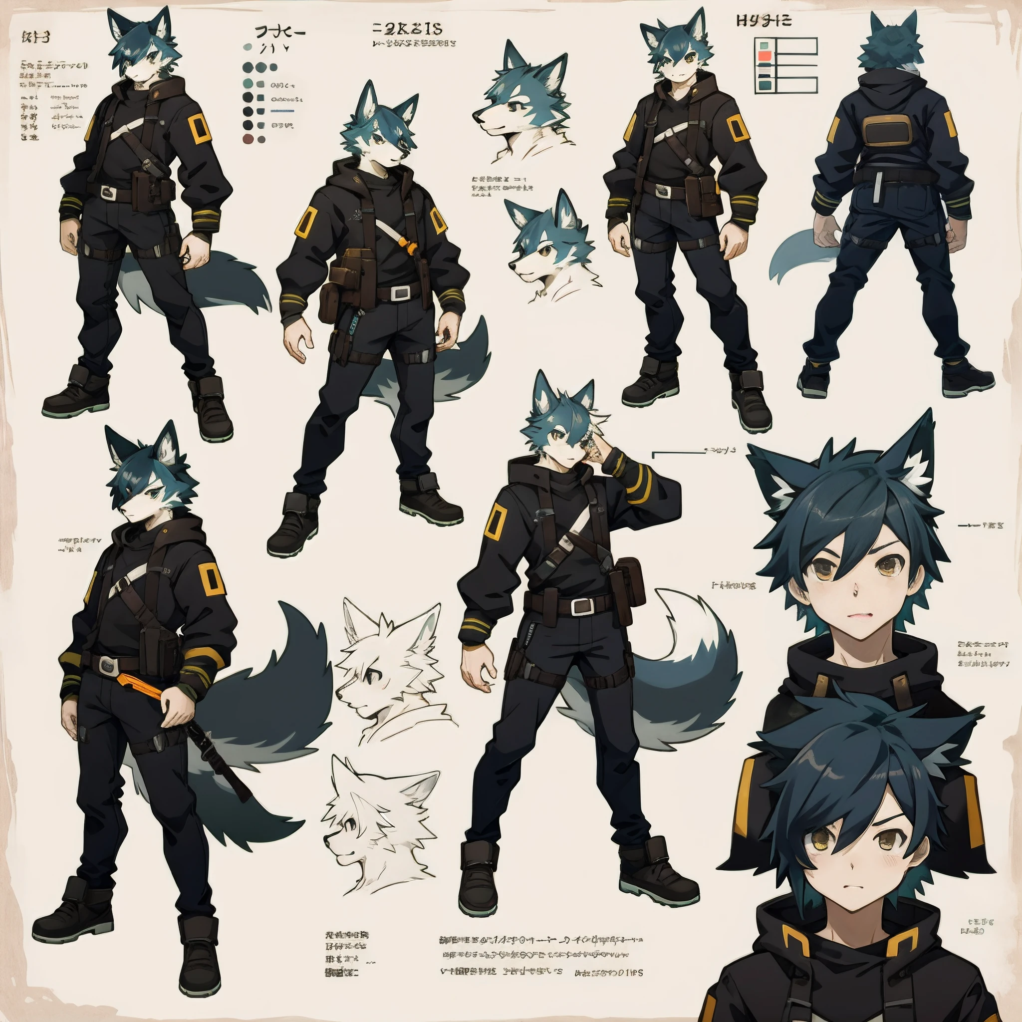 highres, top quality, best quality, paid reward available, High-quality illustrations, unparalleled masterpiece, perfect artwork, absurdres, perfect anatomy, standing kemono boy, three view drawing, front and side and back, character sheet, character design wolf, assorted facial expression, fully posable, neutral pose, extra detailed body, 5fingers, thinking pose, cool pose(highly detailed figure)complete detailed body, anime character, Detailed description of character, text, Collection of setting materials,
