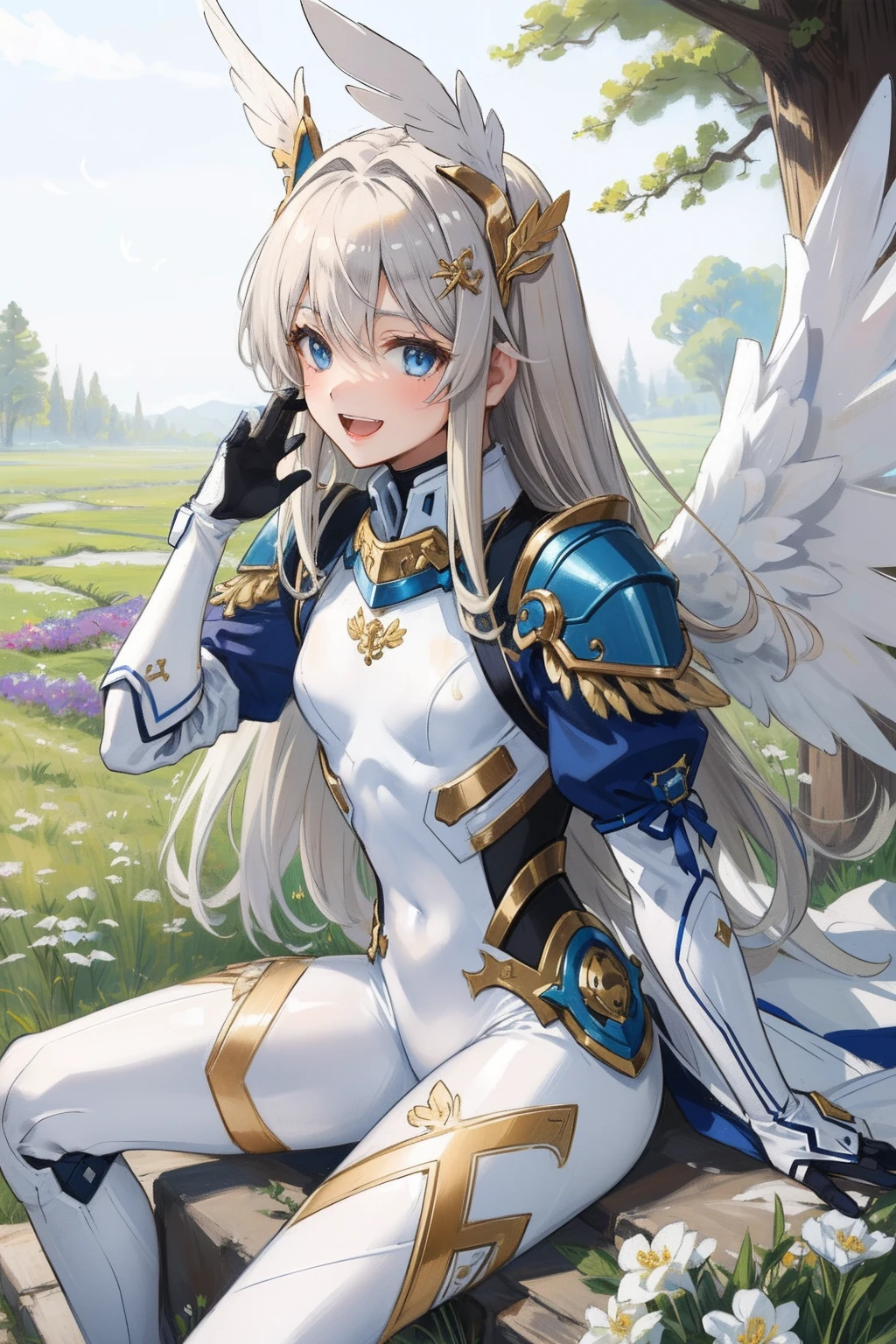 (​master piece, Best Quality),  Intricate details, valkyrie, (((laugh))), Hand up, Looking at Viewer, Feather Headgear, Flower meadow, (((flat breast))) sitting, 22yo, 
1 girl in, Solo, Portrait, ash Blonde Hair, drooping  eyes, Single Thigh, silver Independent Single Sleeve, gloves, 
 mecha musume, white bodysuit, silver Reinforced Suit, Mini Feather Wings, pantyhose, white full armor, flower decoration,