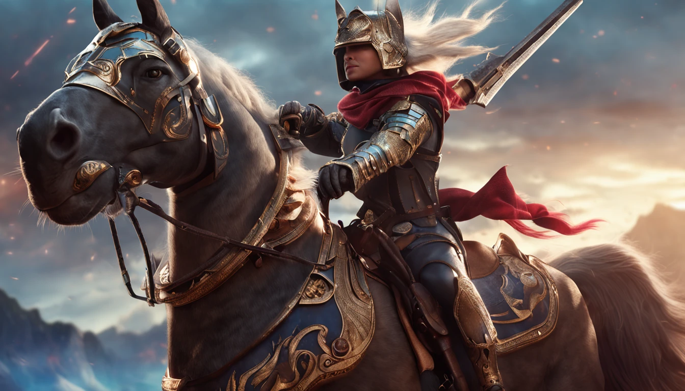 a cat wearing armor, holding weapon riding horse