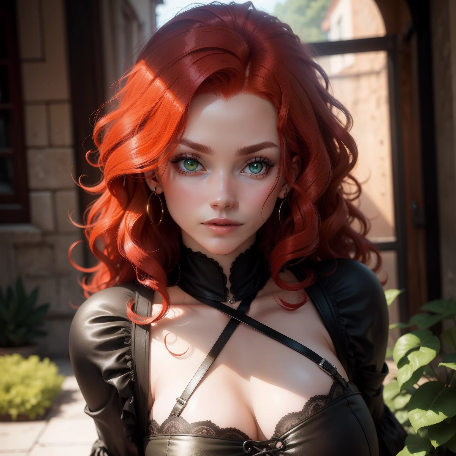 a woman with red curls and green eyes