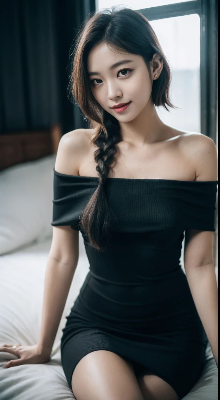 ((Best quality, 8K, Masterpiece:1.3, highres, Beautiful girl)), Cute, Detailed face, Detailed skin, Detailed eyes, Detailed lips, Detailed fingers, Photorealistic, Raw photo, Natural lighting, perfect anatomy, double eyelid, moist lips, toned legs, (off-shoulder black dress, braid hair, hair over one eye, black hair), looking at viewer, cyberpunk, bare shoulders, messy bedroom, bad smile, spreading legs, close up, lying in bed