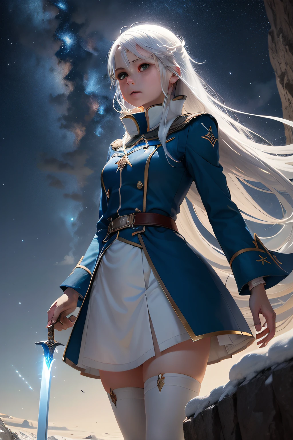 Under a blue sky，Shooting stars dart across the sky，A girl with long snow-white hair，Standing on a cliff，Look up at the sky，Wearing a blue uniform，Holding a white longsword