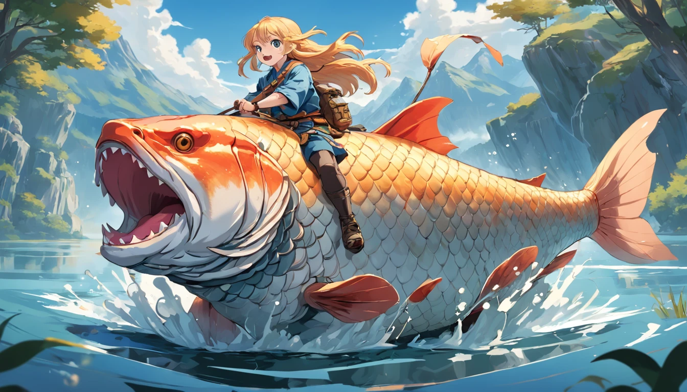Illustration of adventurer riding giant carp on the water. The stage of the illustration is a huge lake. The water of the lake is crystal clear. A huge carp floats in the middle of the lake. An adventurer rides on the back of a carp. Adventurers manipulate carp with brave expressions. Additionally, You can add the following elements: Adventurers carry weapons such as swords and bows. Carp have golden scales. Koi jumps and makes a sharp turn out of the water，Carry adventurers. Break, Adventurers search for hidden treasures on the island. I heard that the treasure is hidden on an island in the middle of the lake. An adventurer decides to ride a giant carp across the lake. With the help of carp, Adventurers arrive at Treasure Island. In this scene, Adventurers are trying to overcome difficulties and achieve their goals with the help of giant carp. Koi also responds and gives courage and determination to adventurers.
