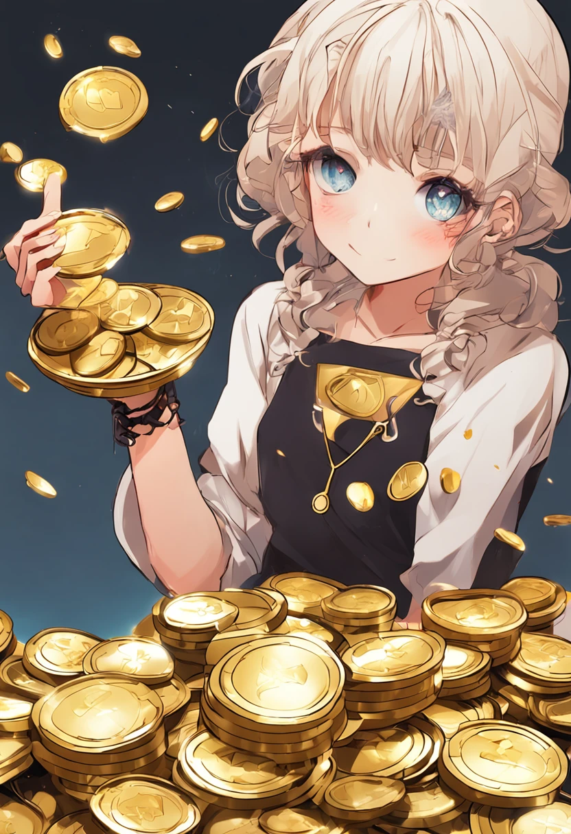 Anime girl holding a bowl of gold coins in her hand,super-fine
