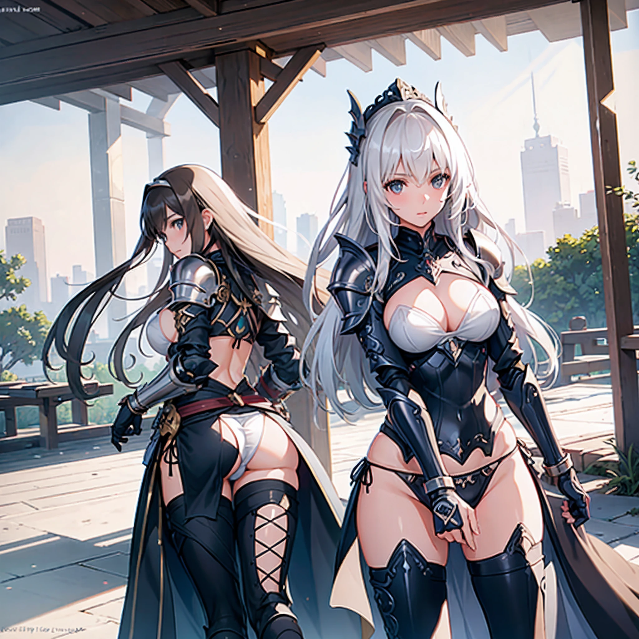 2girls,(milf), (((mature female,adult female))),masterpiece, Top Quality, ultra-definition, max resolution, A highly detailed, clear skin, extremely sexy,large breasts,blush,high legs,thong,armor girl, bikini armor female knight, Bikini Armor, bikini-armor, bikini-armor, ornate bikini armor, Female knight, Gorgeous Female Paladin,Beautiful armor,cleavage,over-knee sock,in palace,happy,from behind,ass