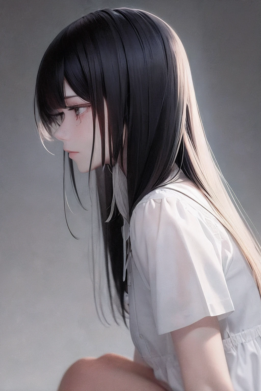 Staring at a bandaged man crying、(Crying)(a very delicate and beautiful)、(Maniacal)((Sit down))((The background feels dark))、a very delicate and beautiful)、(Black hair)(The upper part of the body)(profile)、dynamic ungle、portlate)、(smooth hair)、(Big eyes)beautiful countenance、de pele branca、depth of fields、radiant lips、(mournful)Concrete background、Scream、