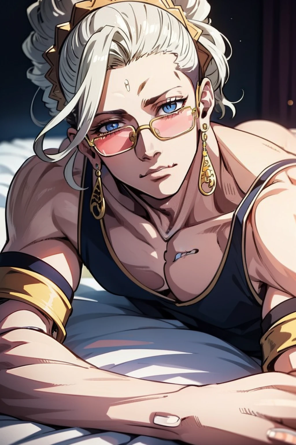 (masterpiece, best quality, ultra-detailed), 1boy, BudaRoR, white hair, blue eyes, earrings, glasses, looking at viewer, ((lying on bed))