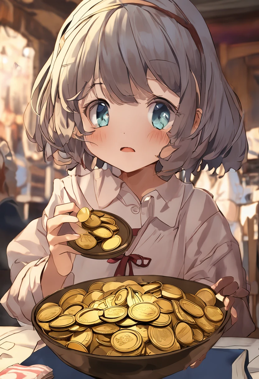 Anime girl holding a bowl of gold coins in her hand