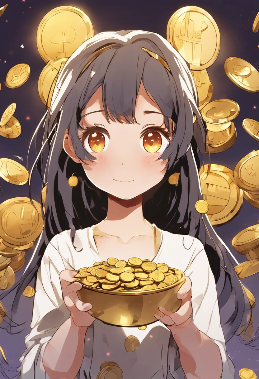 Anime girl holding a bowl of gold coins in her hand