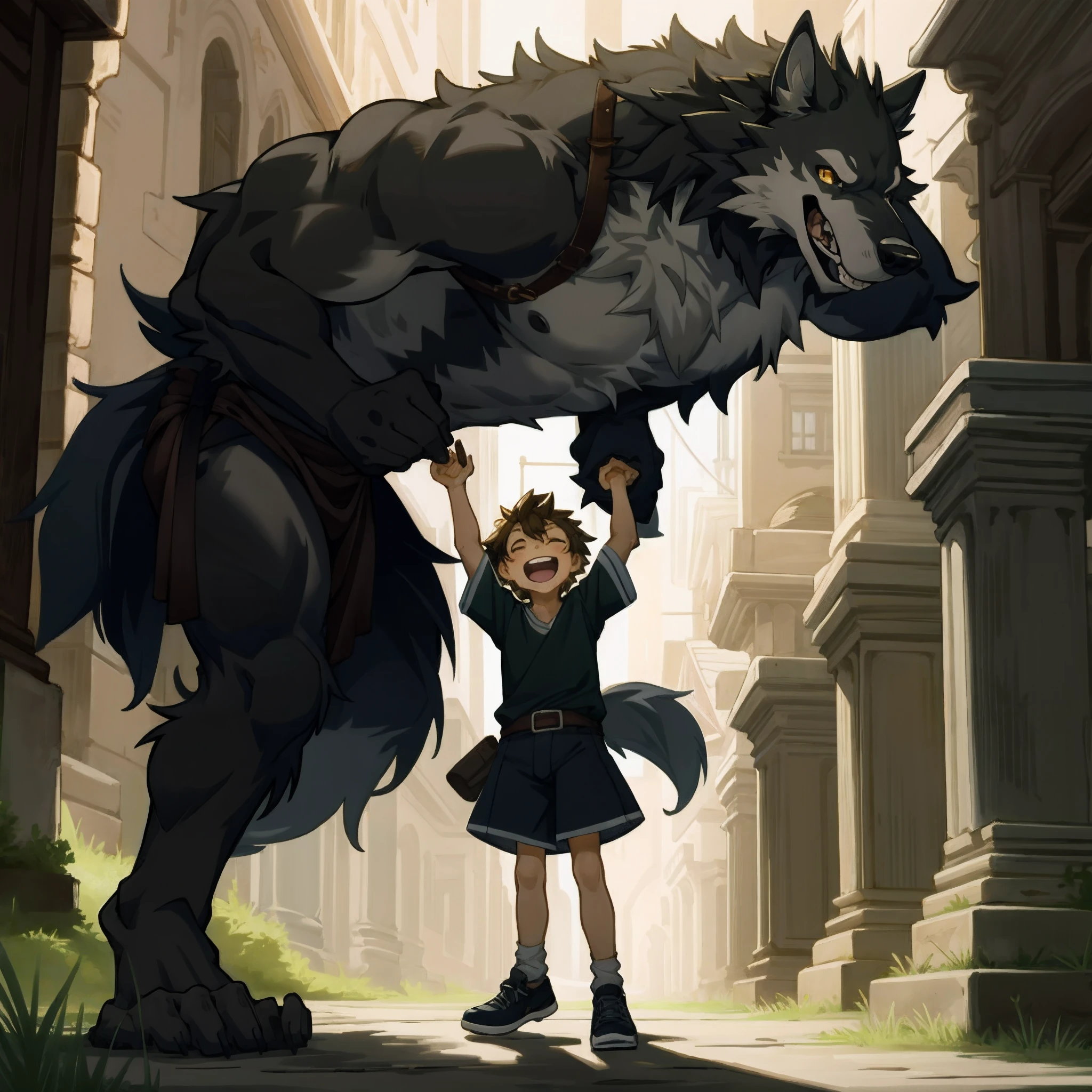 highres, unparalleled masterpiece, absurdres, love story of human girl and giant Werewolf, pair, Height difference, Physical difference, perfect anatomy, smile, joyful, play with, smile, happy, facial expressions, full body,