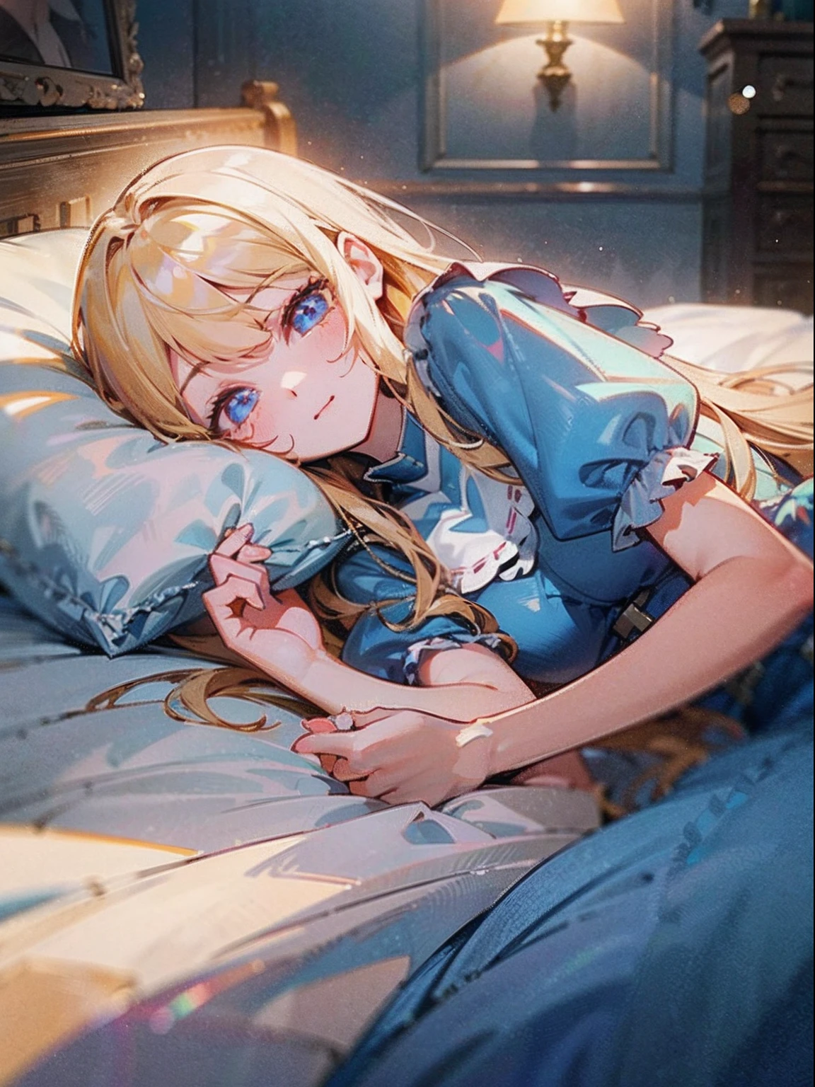 bright expression、photorealisim、top-quality、超A high resolution、a picture、Photo of an exquisitely beautiful Nordic-born girl、Extraordinary beautiful girl、Detailed cute and beautiful face、(pureerosface_v1:0.008)、Beautiful bangs、alice in the wonderland、sixteen years old、Glowing white shiny skin、Bangs that extend to the face、Bangs between the eyes、Super long hair、Shining beautiful bright natural platinum blonde super long straight silky hair、finer hair、High-definition eyes、Beautiful, Bright and clear, Big light blue eyes shine charmingly、White Apron、a blue dress、eye liner、Double eyelids、Lush bust、going to bed、Spread hair、laying on back、going to bed、sprawl、lie on one's side、lying back on