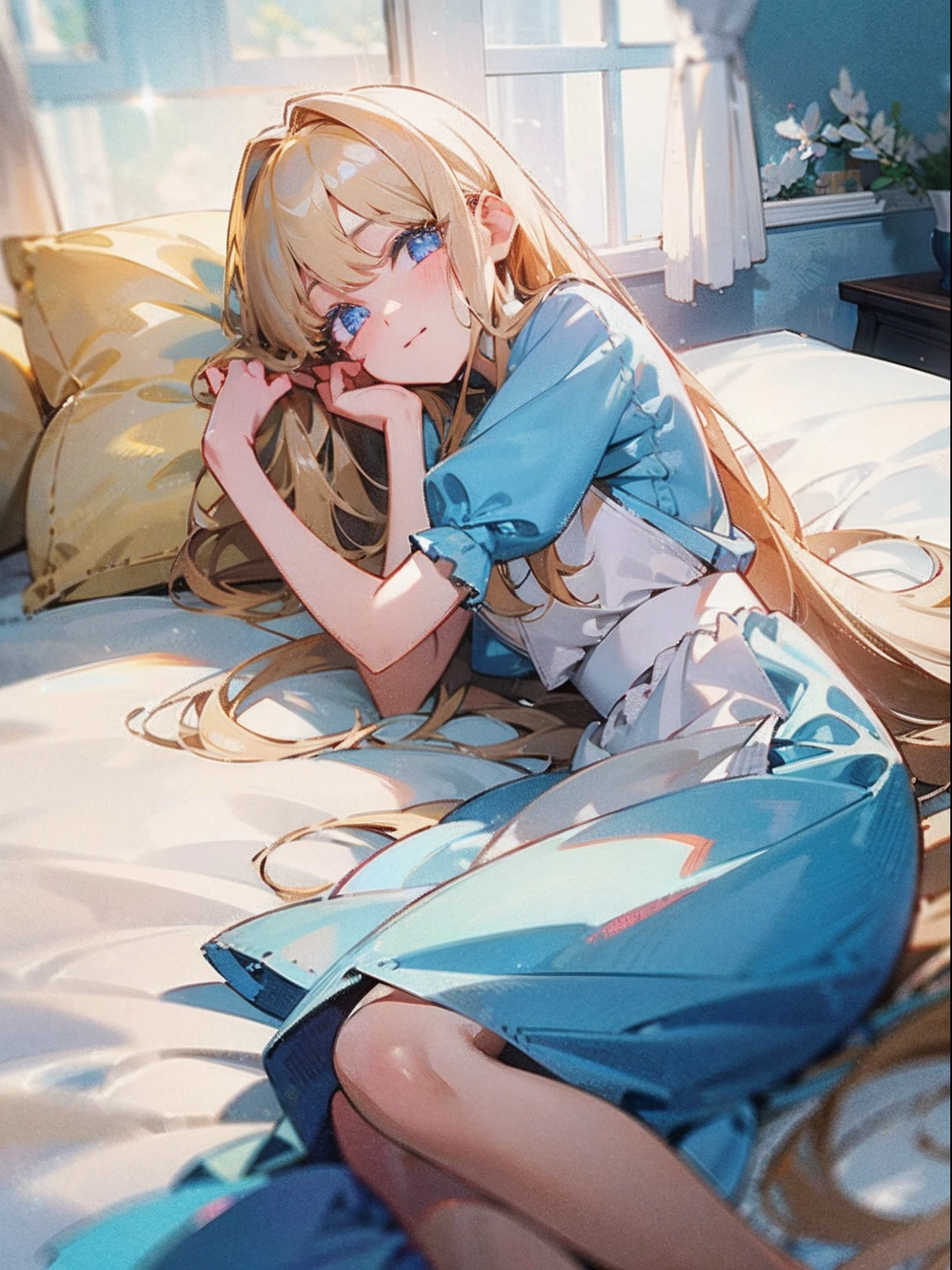 1 girl in、Light blonde hair、Long hairs、Hair curls a little、Hair swaying in the wind、Light green eyes、Delicate eyes、Neat and delicate face、a beauty girl、(Dormitory dormitory uniforms:1.3)、(Warped Wonderland)、Cute Baby Turtle、Night Raven Academy background,JK school uniform,Blonde girl by the bed