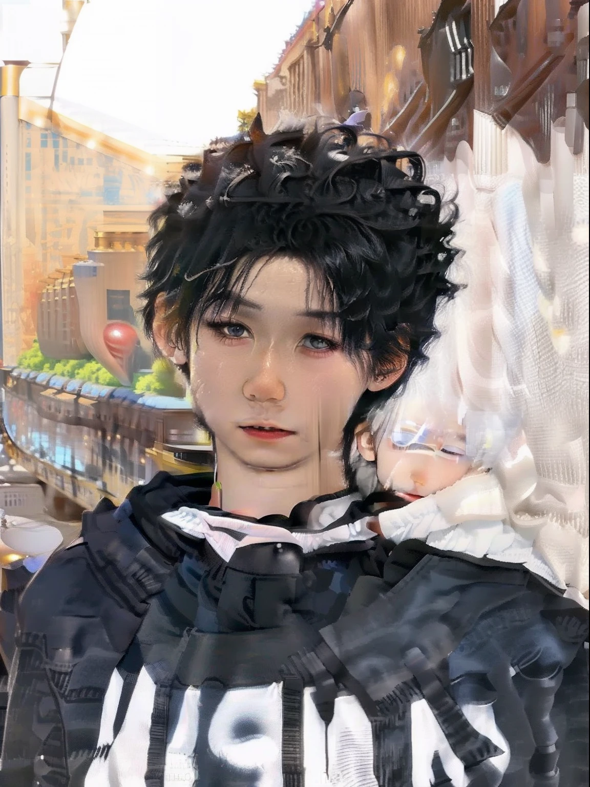 there is a young boy with a black shirt and a black hoodie, with accurate face, around 18 Year old,Change Backgroun, Realistic,Fantasy background,